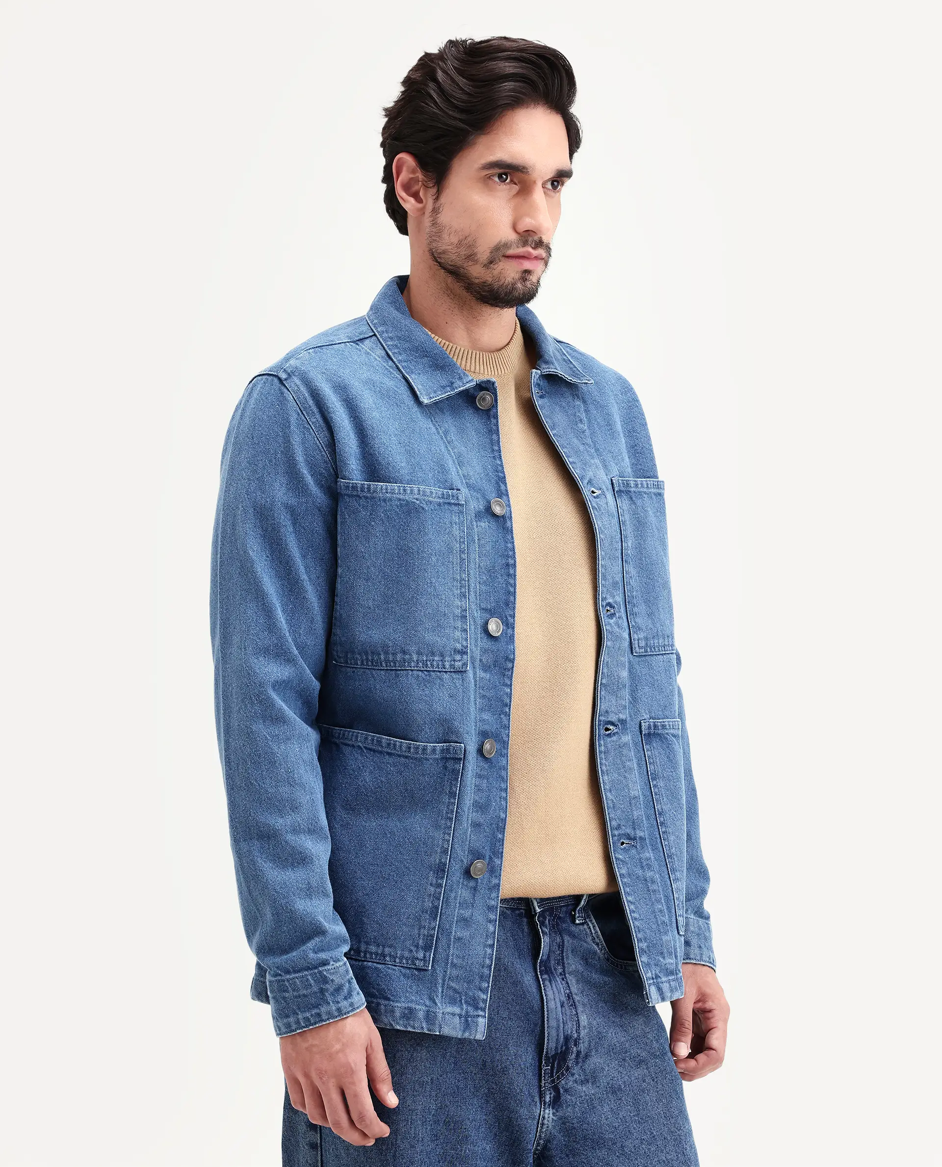 Rare Rabbit Men's Brond Blue Cotton Plain Regular Fit Full Sleeve Spread Collar Jacket - Image 5