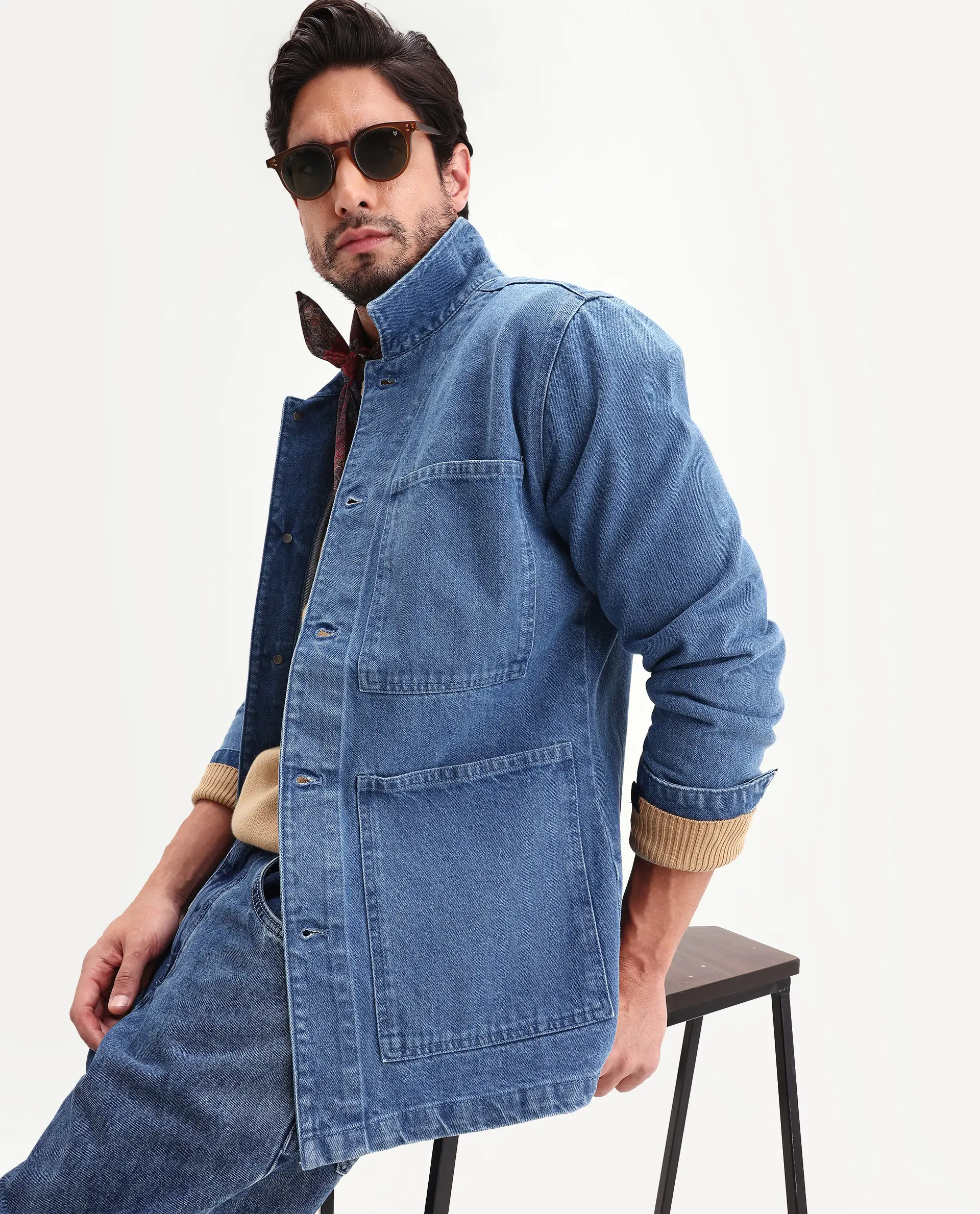 Rare Rabbit Men's Brond Blue Cotton Plain Regular Fit Full Sleeve Spread Collar Jacket - Image 7