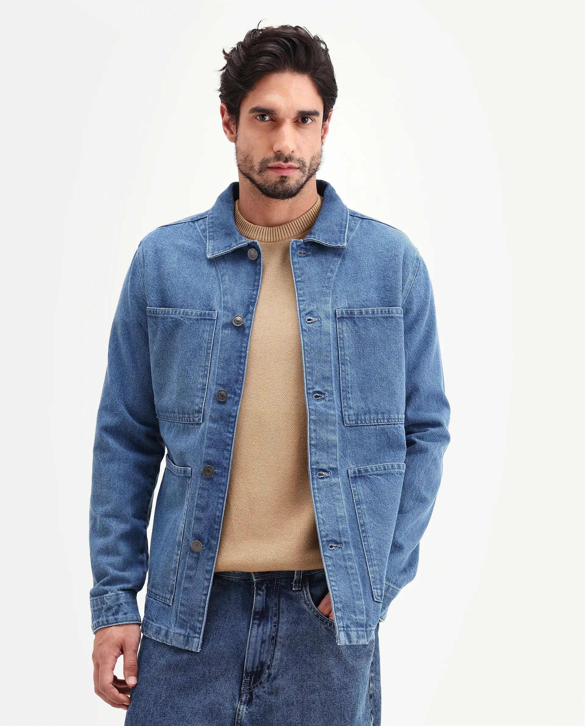 Rare Rabbit Men's Brond Blue Cotton Plain Regular Fit Full Sleeve Spread Collar Jacket - Image 8