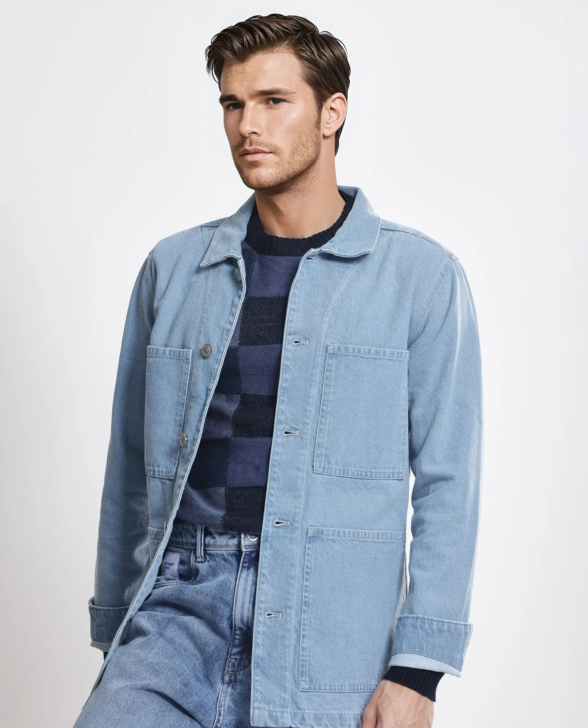 Rare Rabbit Men's Brond Light Blue Cotton Plain Regular Fit Full Sleeve Spread Collar Jacket - Image 3