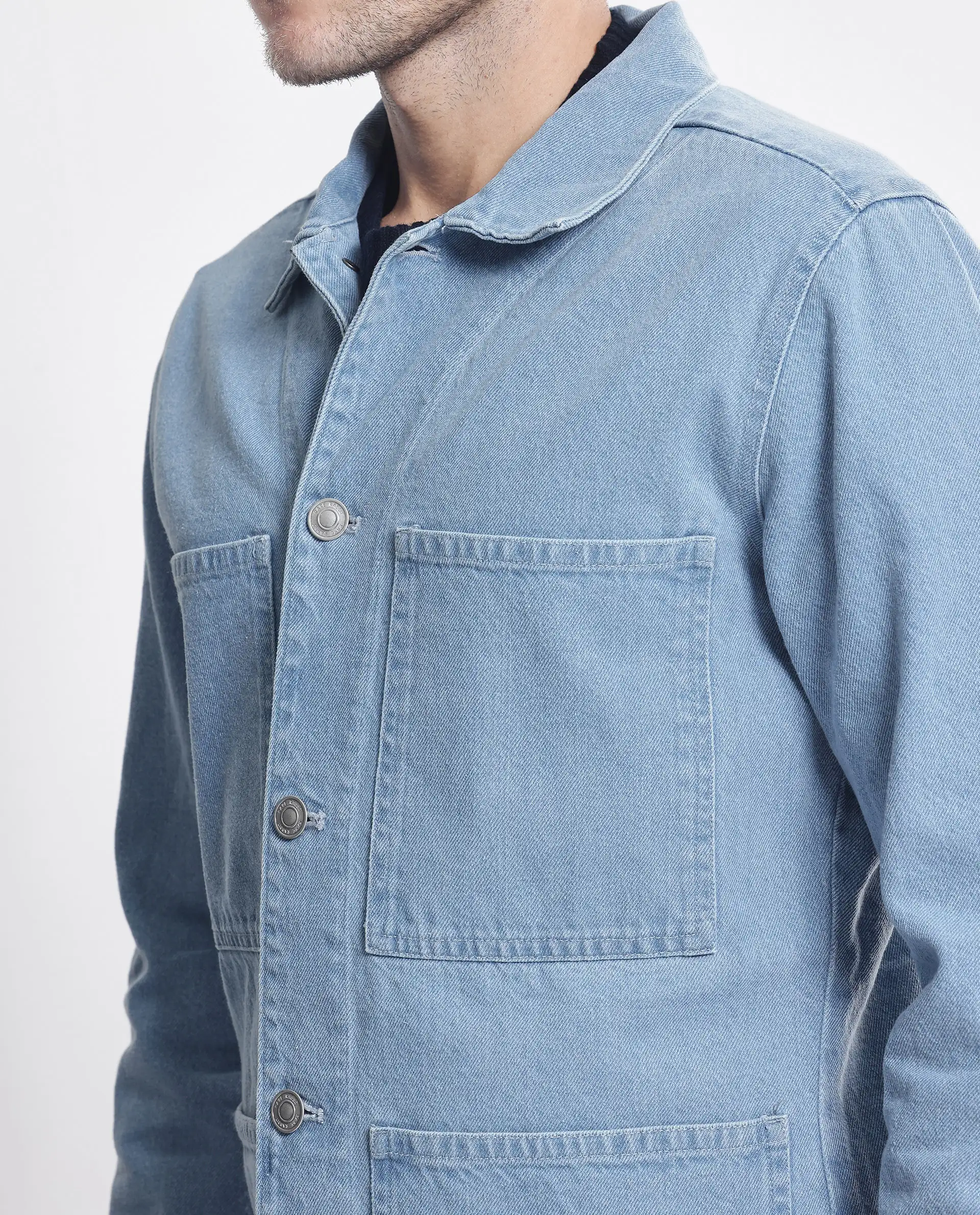 Rare Rabbit Men's Brond Light Blue Cotton Plain Regular Fit Full Sleeve Spread Collar Jacket - Image 5