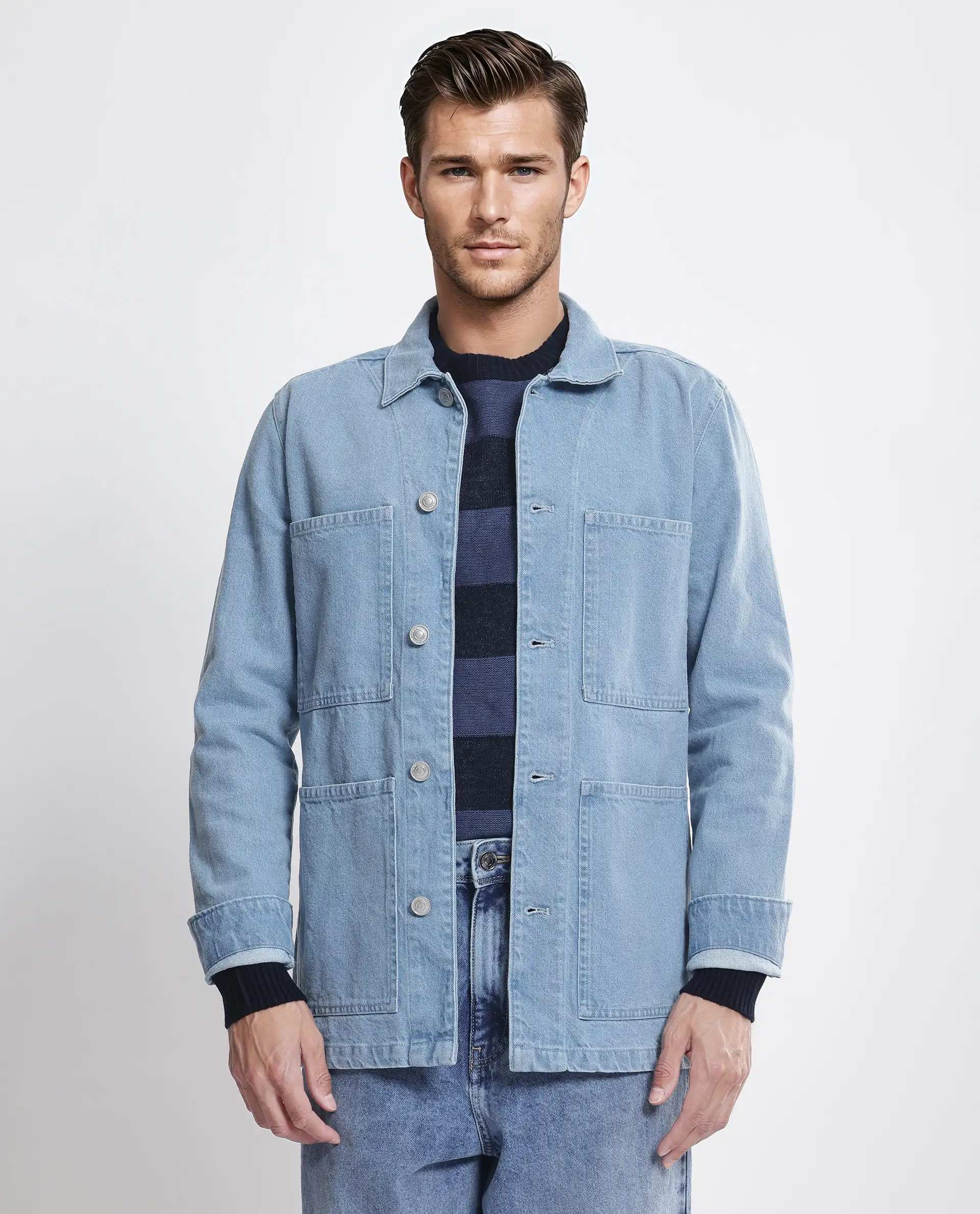 Rare Rabbit Men's Brond Light Blue Cotton Plain Regular Fit Full Sleeve Spread Collar Jacket - Image 8