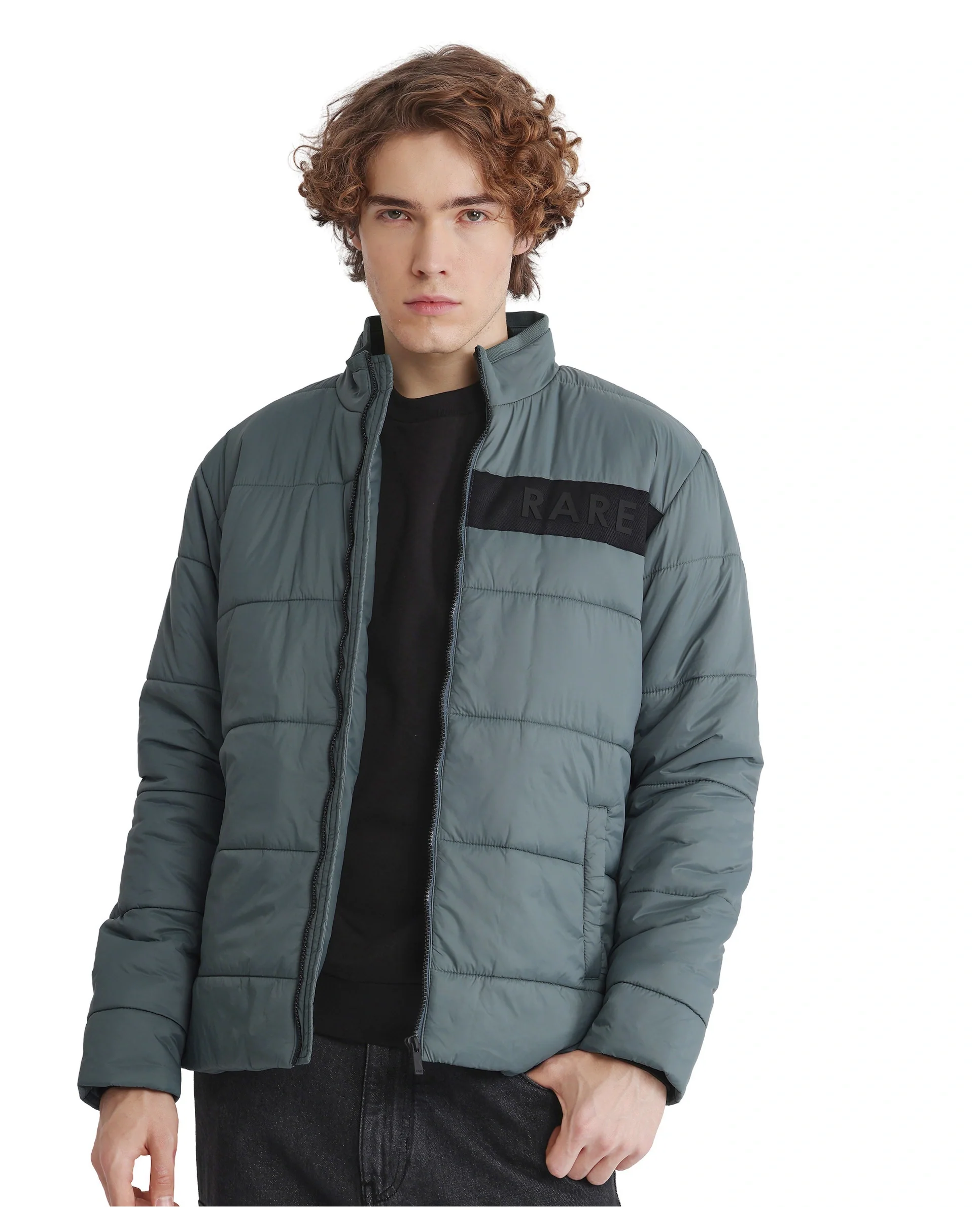 Rare Rabbit Men's Bront Dusky Blue Nylon Hd Print Regular Fit Full Sleeve High Neck Jacket