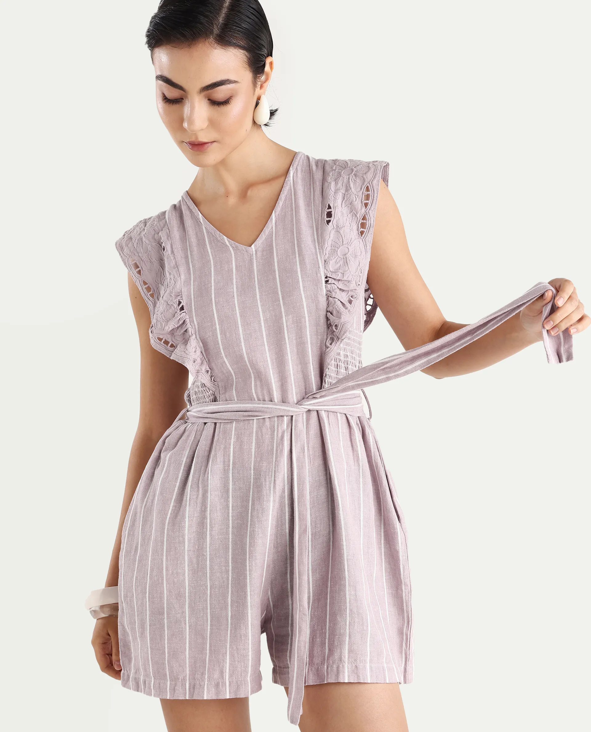 Rareism Women's Bronte Purple Linen V-Neck Striped Sleeveless Regular Fit Playsuit - Image 3