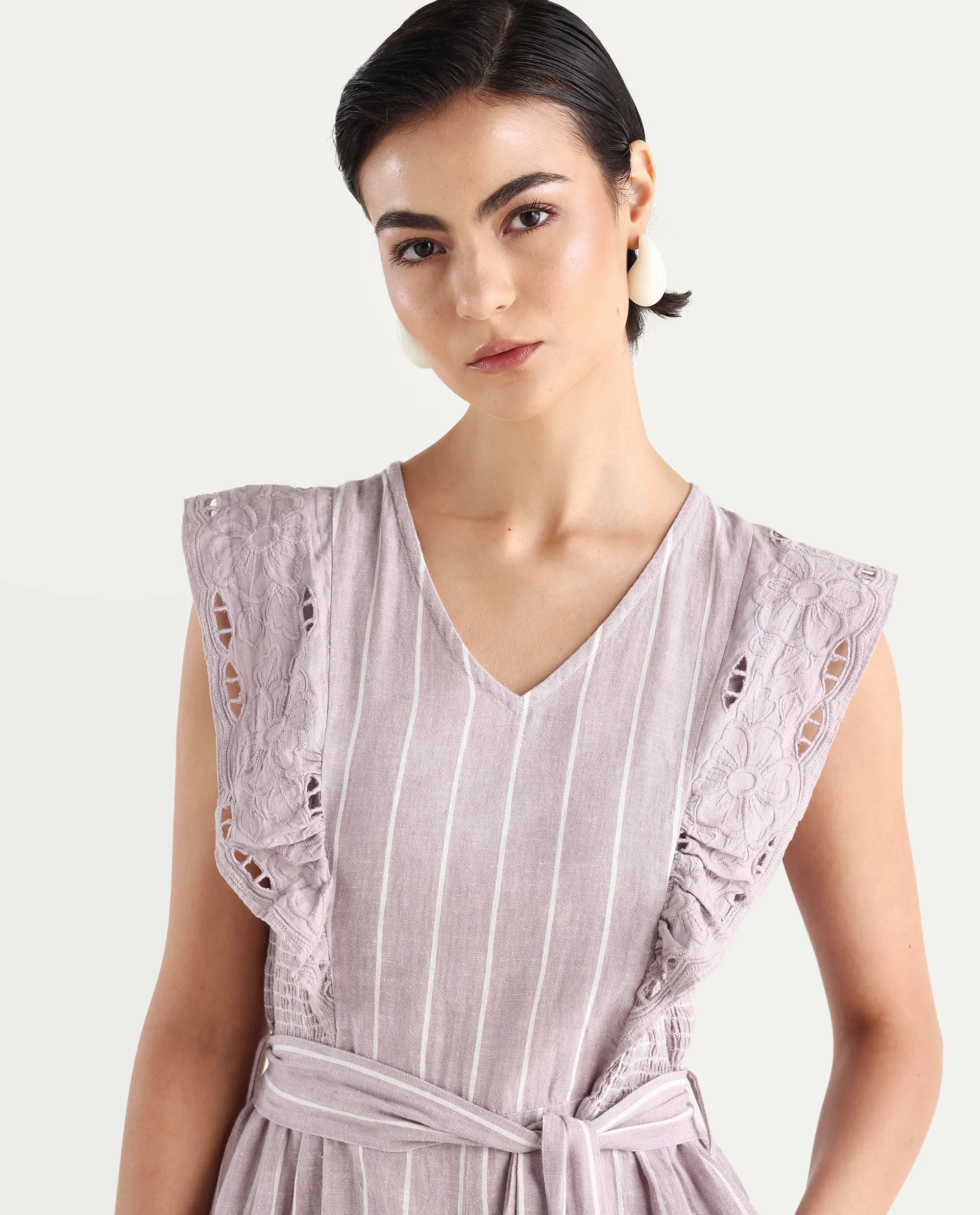 Rareism Women's Bronte Purple Linen V-Neck Striped Sleeveless Regular Fit Playsuit - Image 4