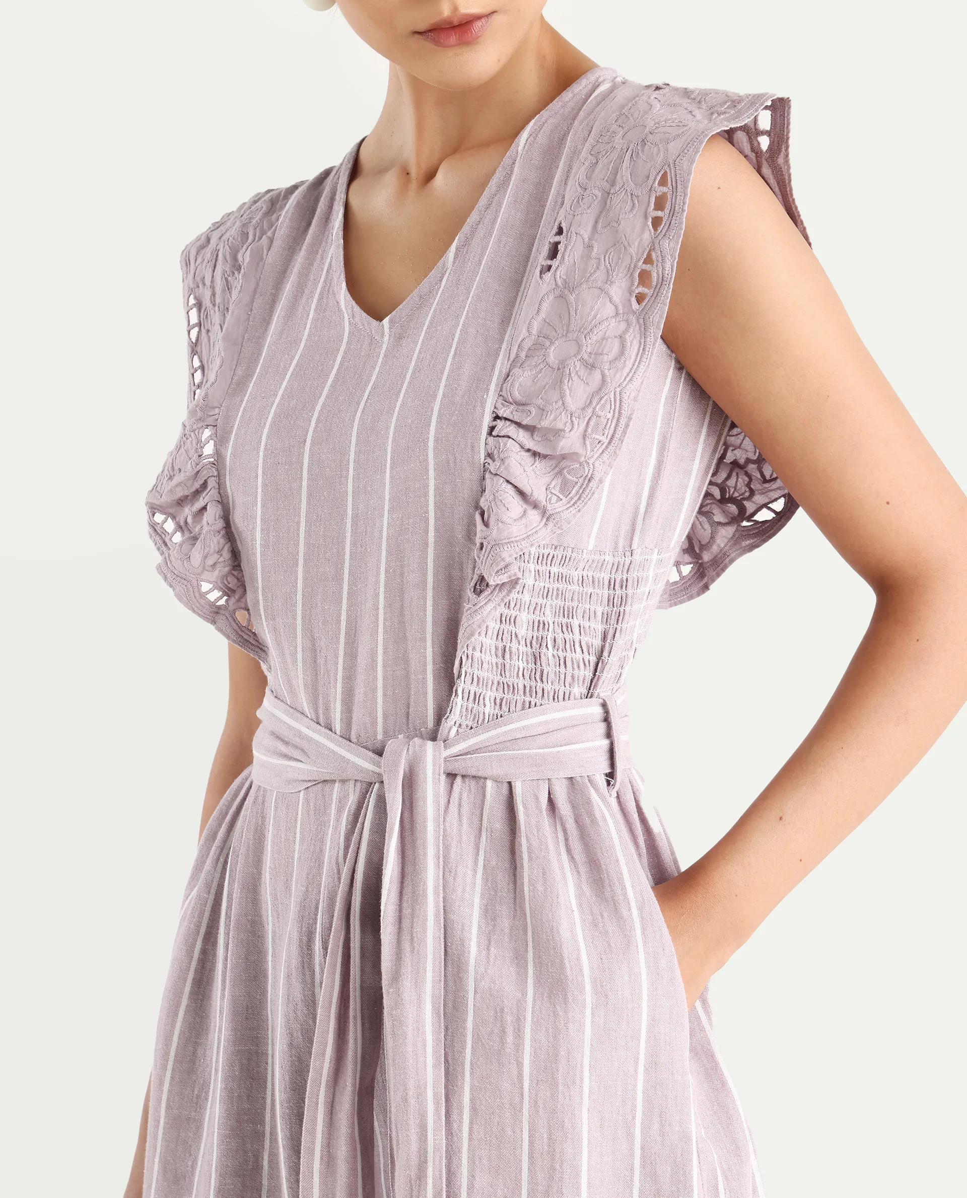 Rareism Women's Bronte Purple Linen V-Neck Striped Sleeveless Regular Fit Playsuit - Image 5