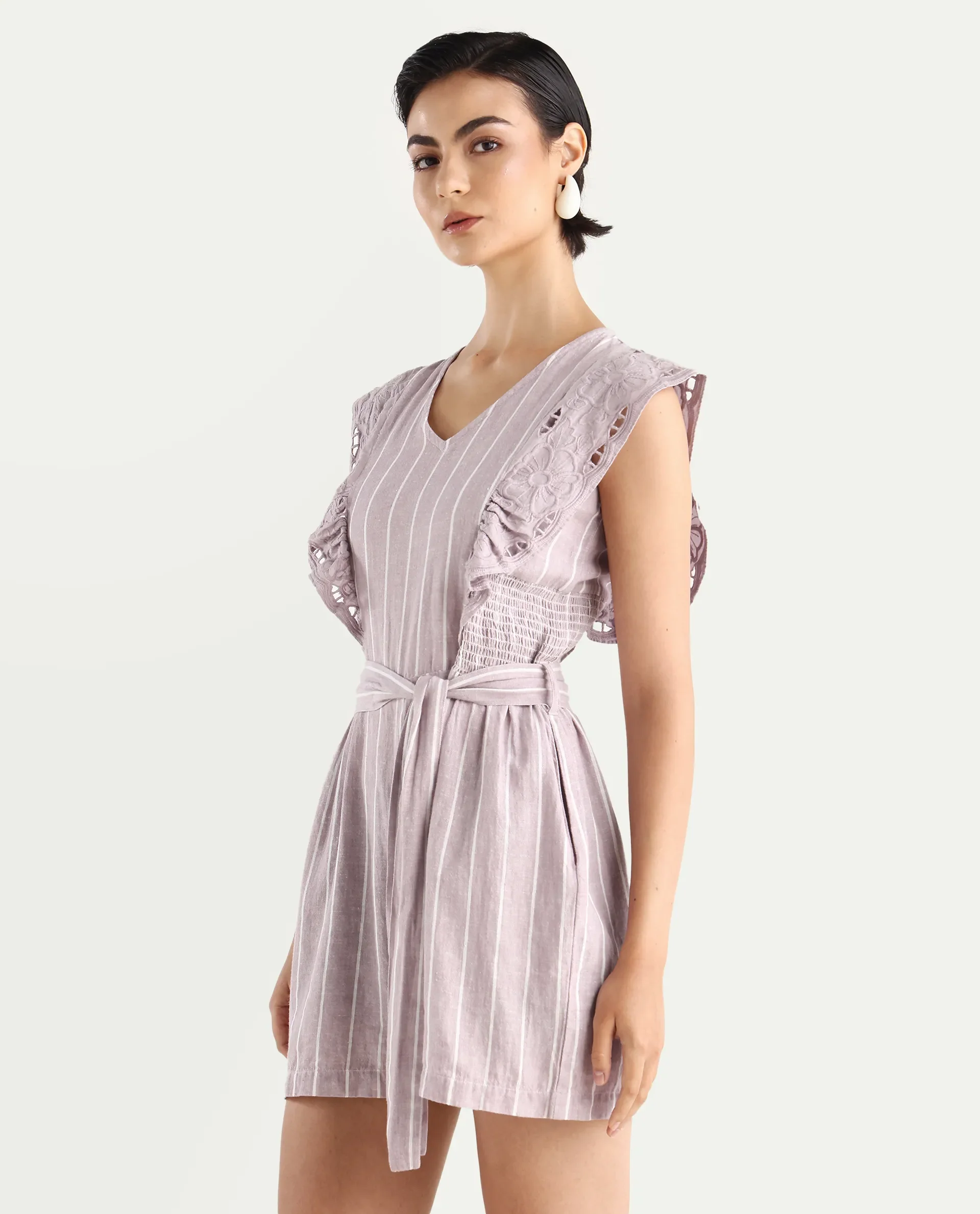 Rareism Women's Bronte Purple Linen V-Neck Striped Sleeveless Regular Fit Playsuit - Image 6