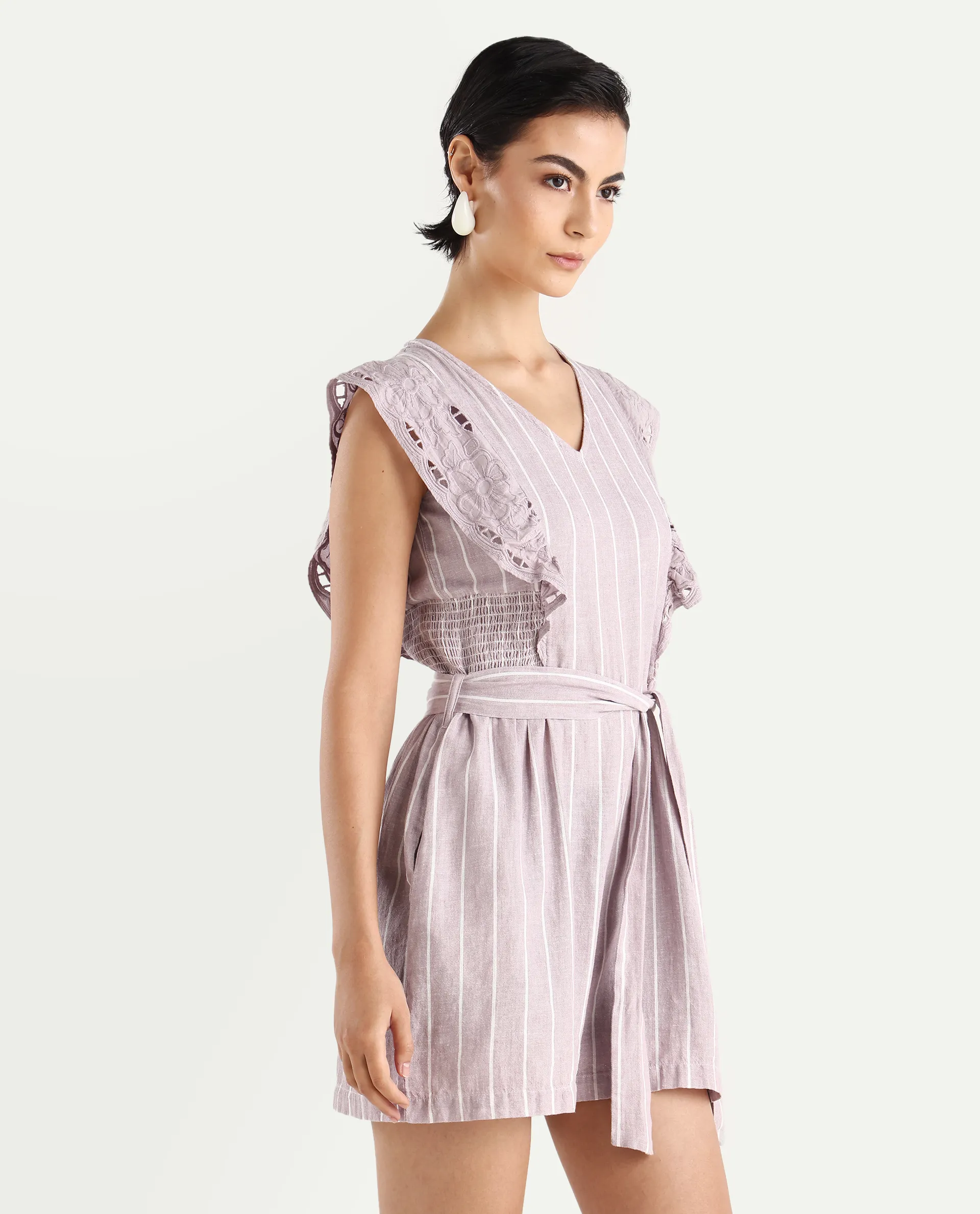 Rareism Women's Bronte Purple Linen V-Neck Striped Sleeveless Regular Fit Playsuit - Image 7