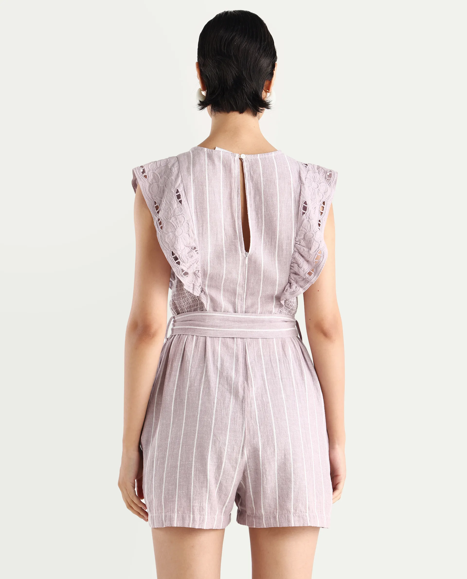 Rareism Women's Bronte Purple Linen V-Neck Striped Sleeveless Regular Fit Playsuit - Image 8