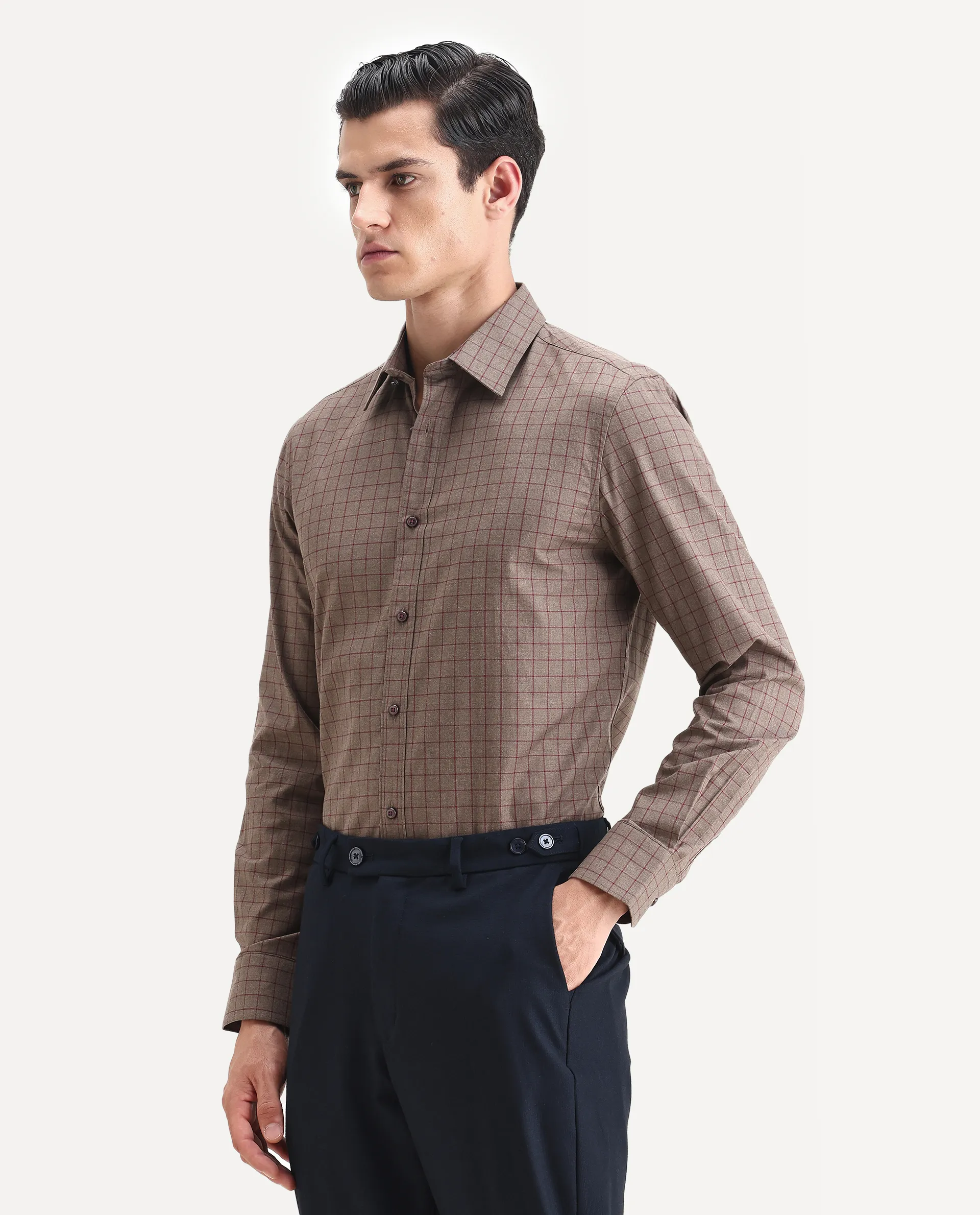 Rare Rabbit Men's Bronz Brown Cotton Checked Print Regular Fit Full Sleeve Collared Shirt - Image 3