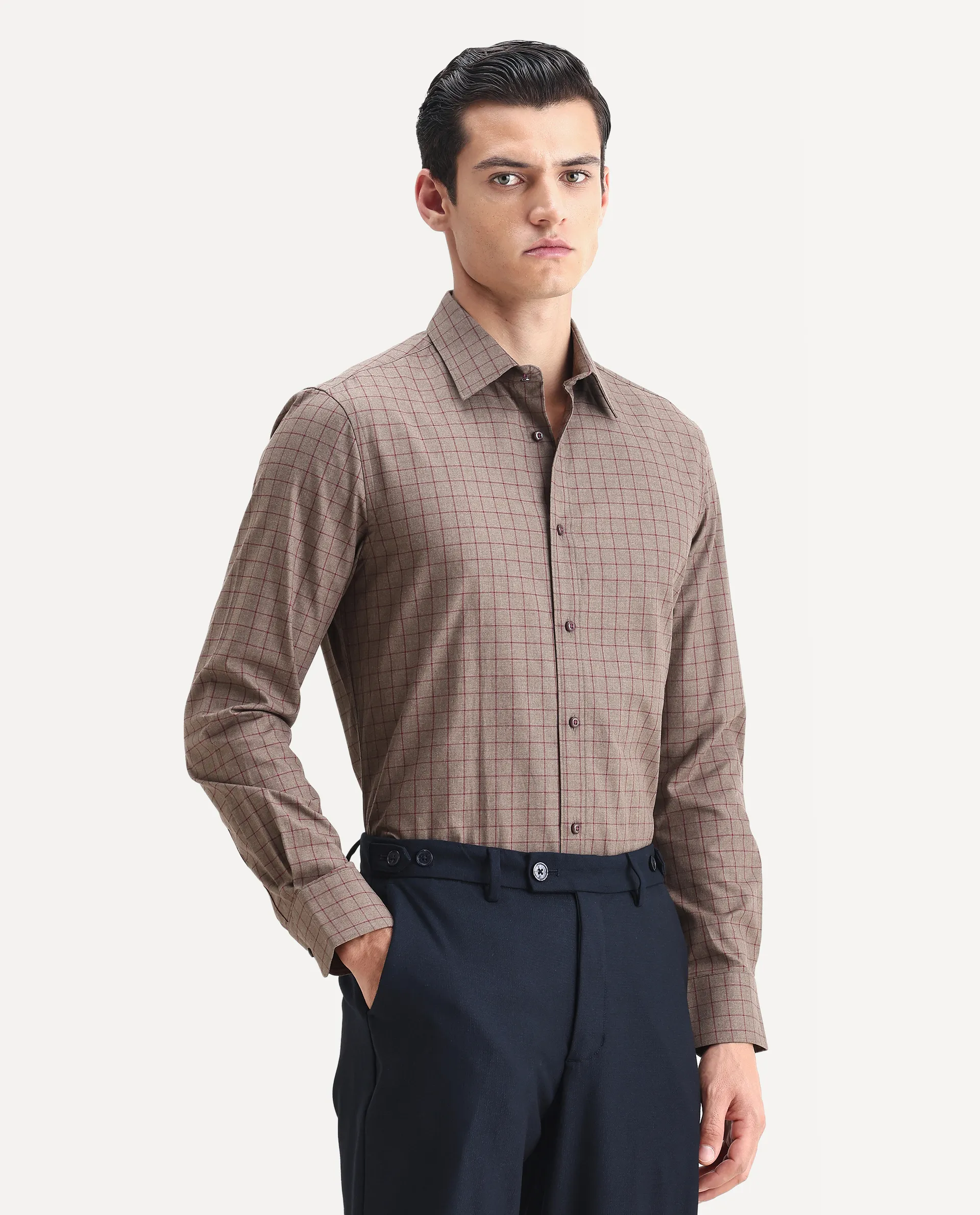 Rare Rabbit Men's Bronz Brown Cotton Checked Print Regular Fit Full Sleeve Collared Shirt - Image 4