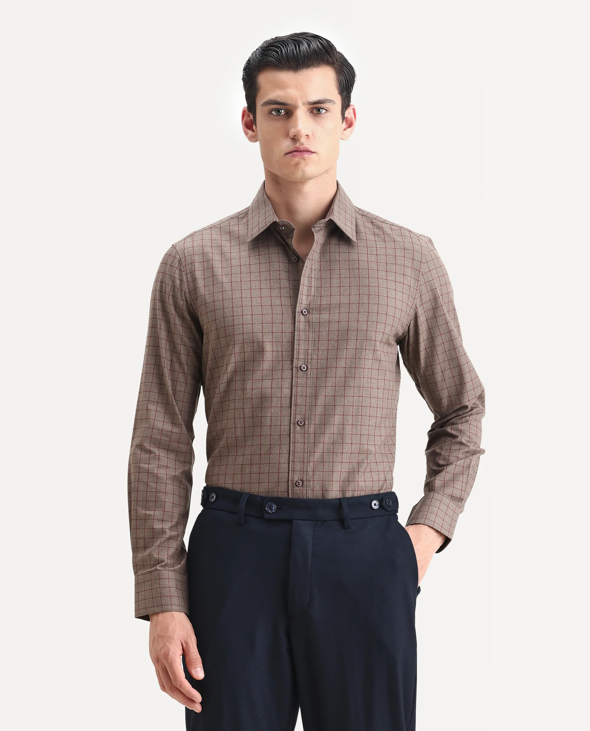 Rare Rabbit Men's Bronz Brown Cotton Checked Print Regular Fit Full Sleeve Collared Shirt - Image 5