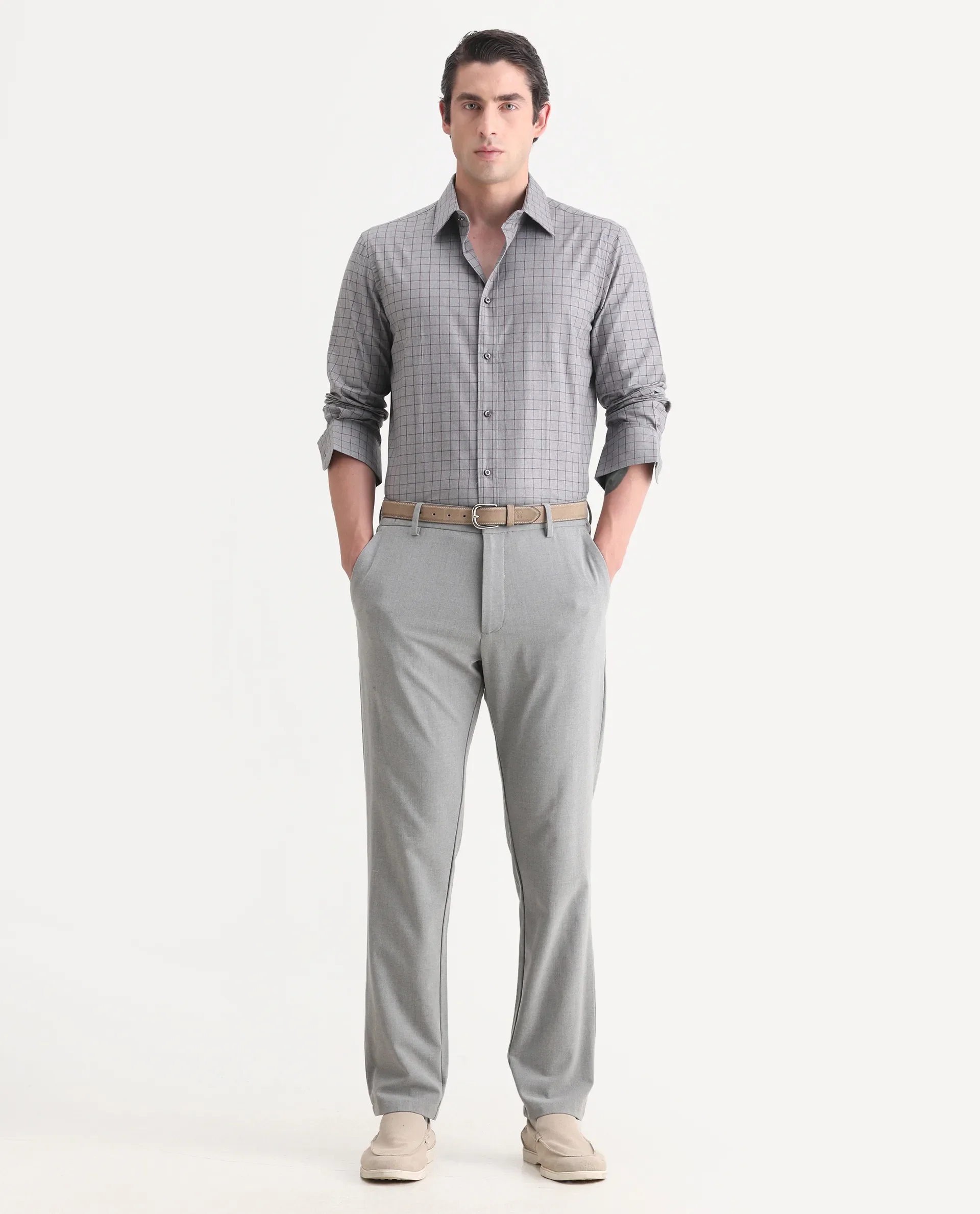 Rare Rabbit Men's Bronz Grey Cotton Checked Print Regular Fit Full Sleeve Collared Shirt - Image 2