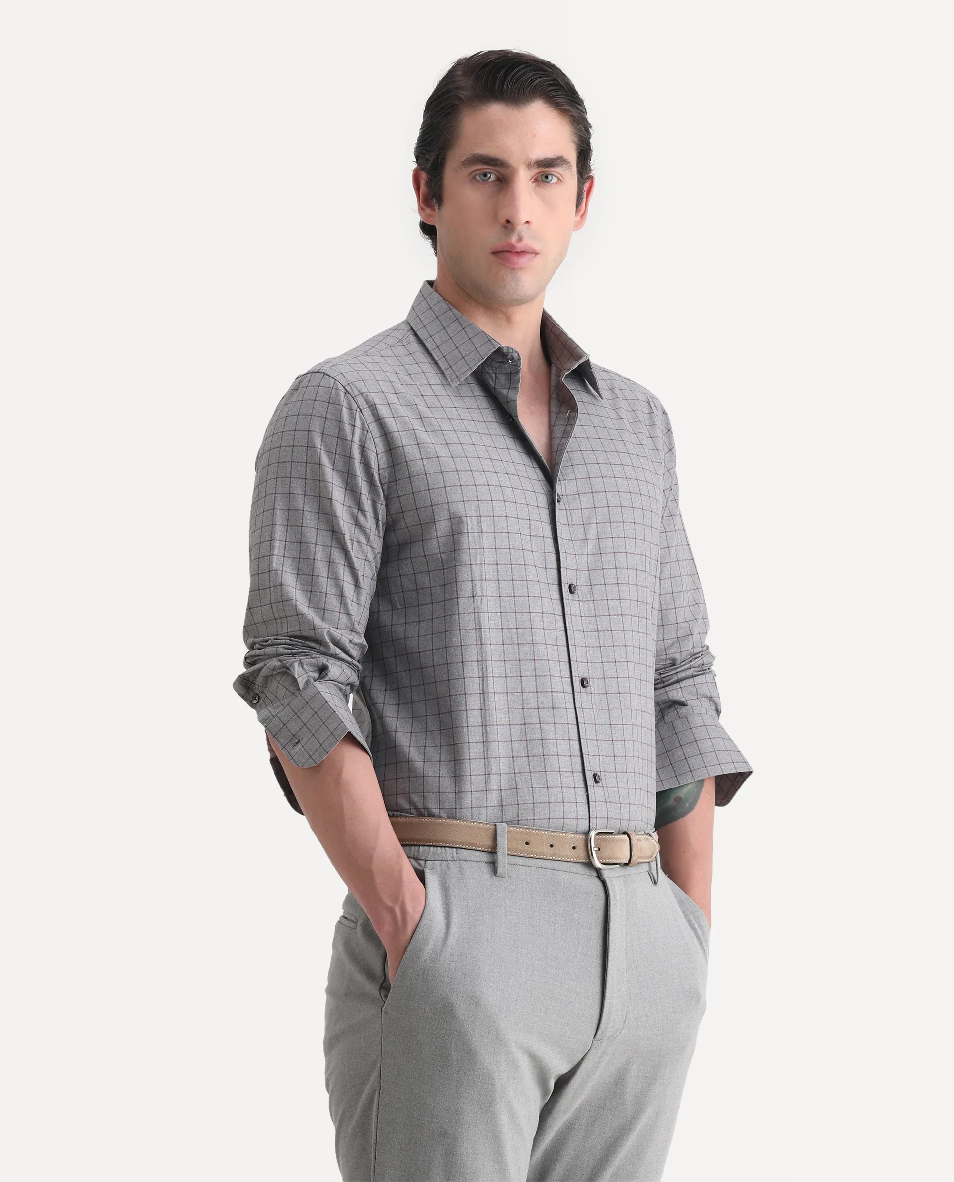Rare Rabbit Men's Bronz Grey Cotton Checked Print Regular Fit Full Sleeve Collared Shirt - Image 4