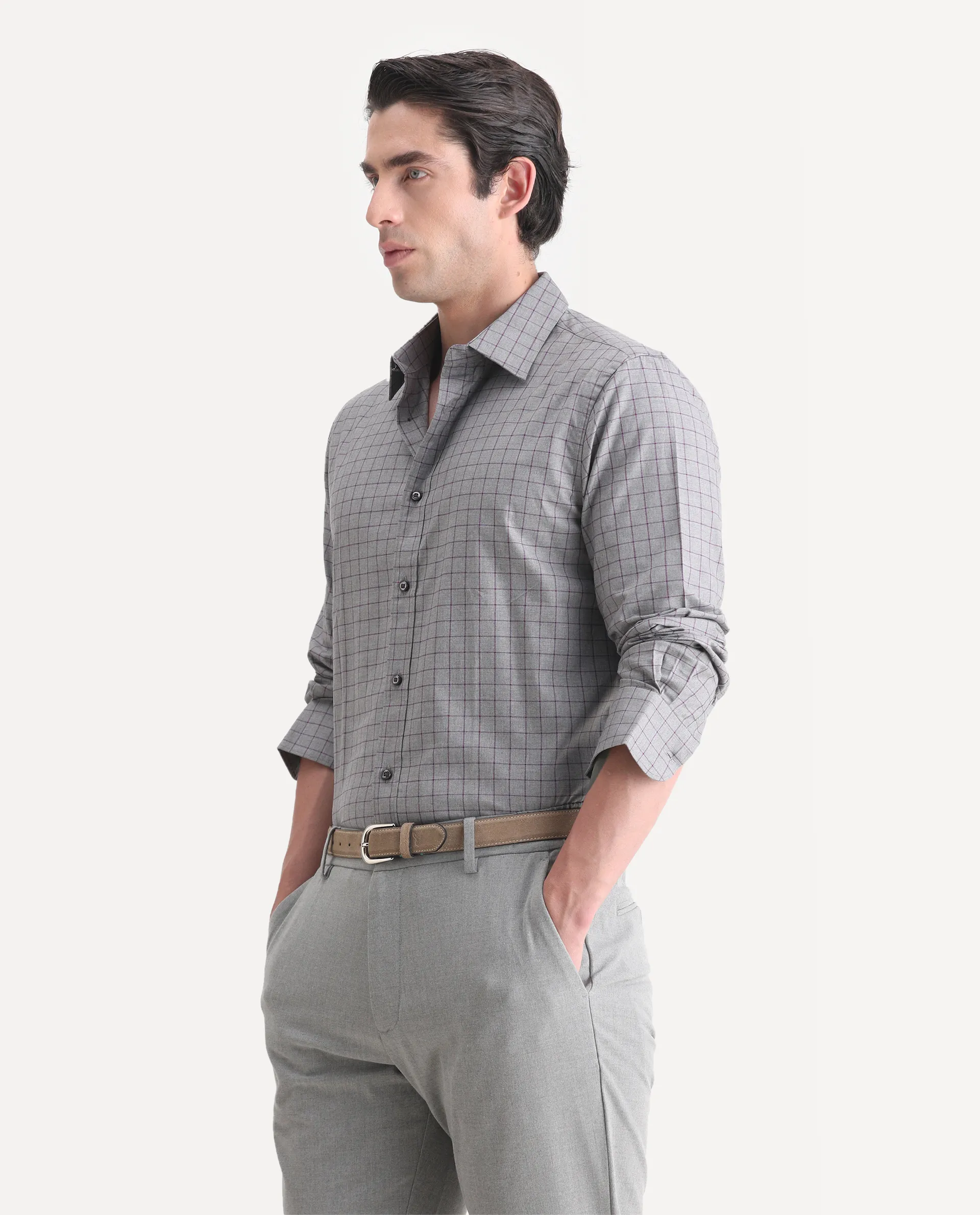 Rare Rabbit Men's Bronz Grey Cotton Checked Print Regular Fit Full Sleeve Collared Shirt - Image 5