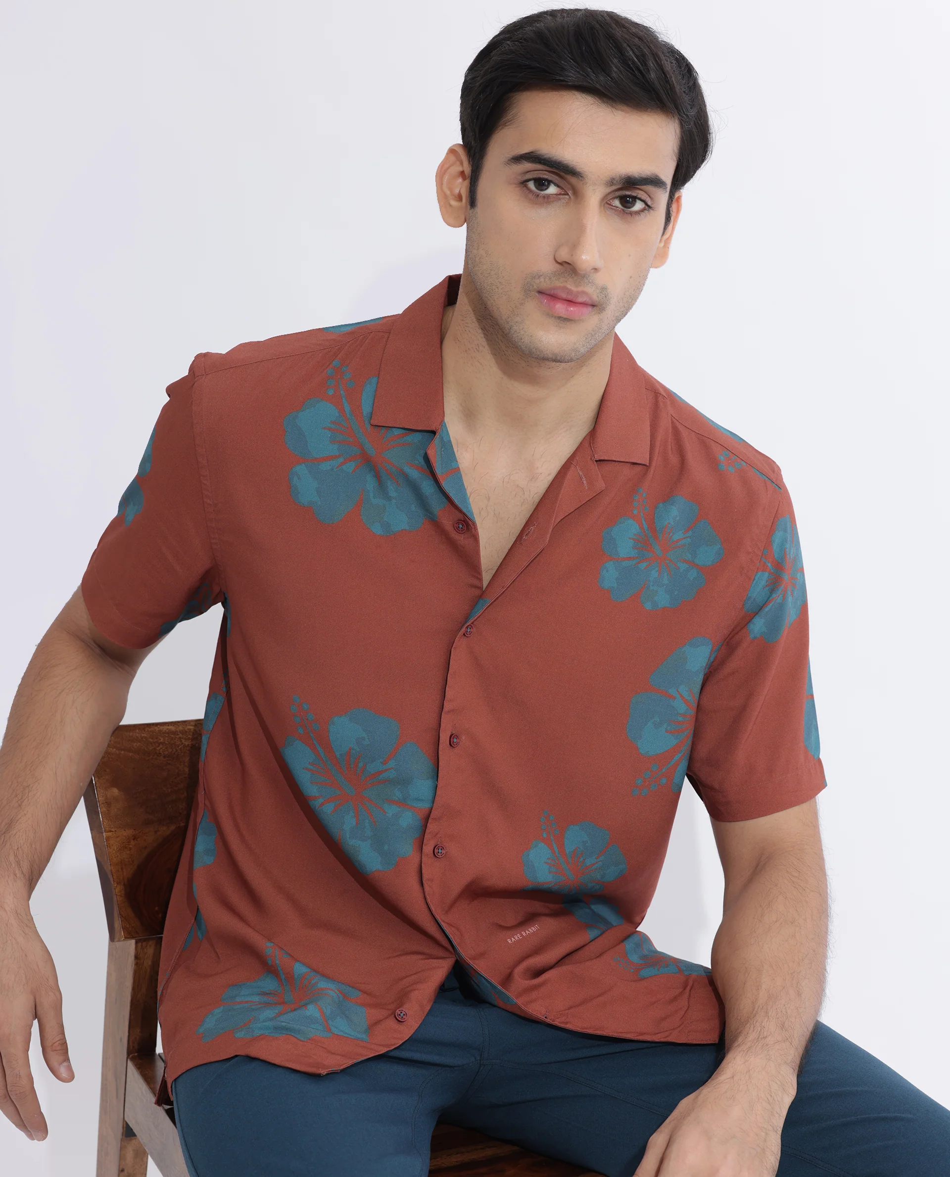 Rare Rabbit Men's Bronzac Brown Viscose Floral Print Regular Fit Half Sleeve Cuban Collar Shirt