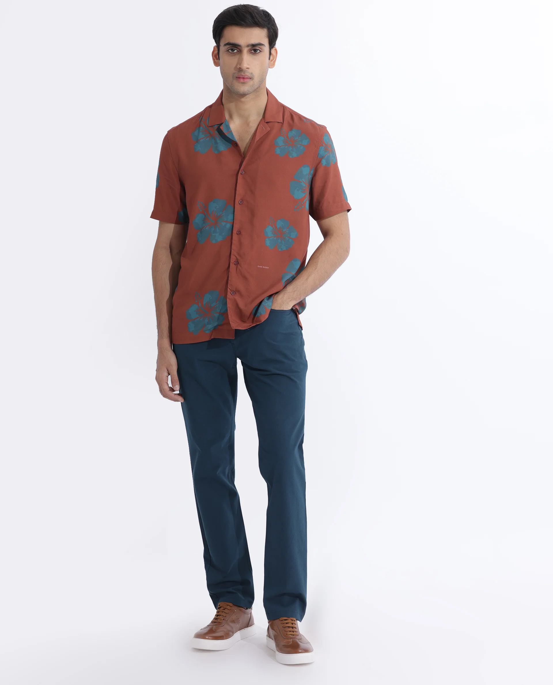 Rare Rabbit Men's Bronzac Brown Viscose Floral Print Regular Fit Half Sleeve Cuban Collar Shirt - Image 2