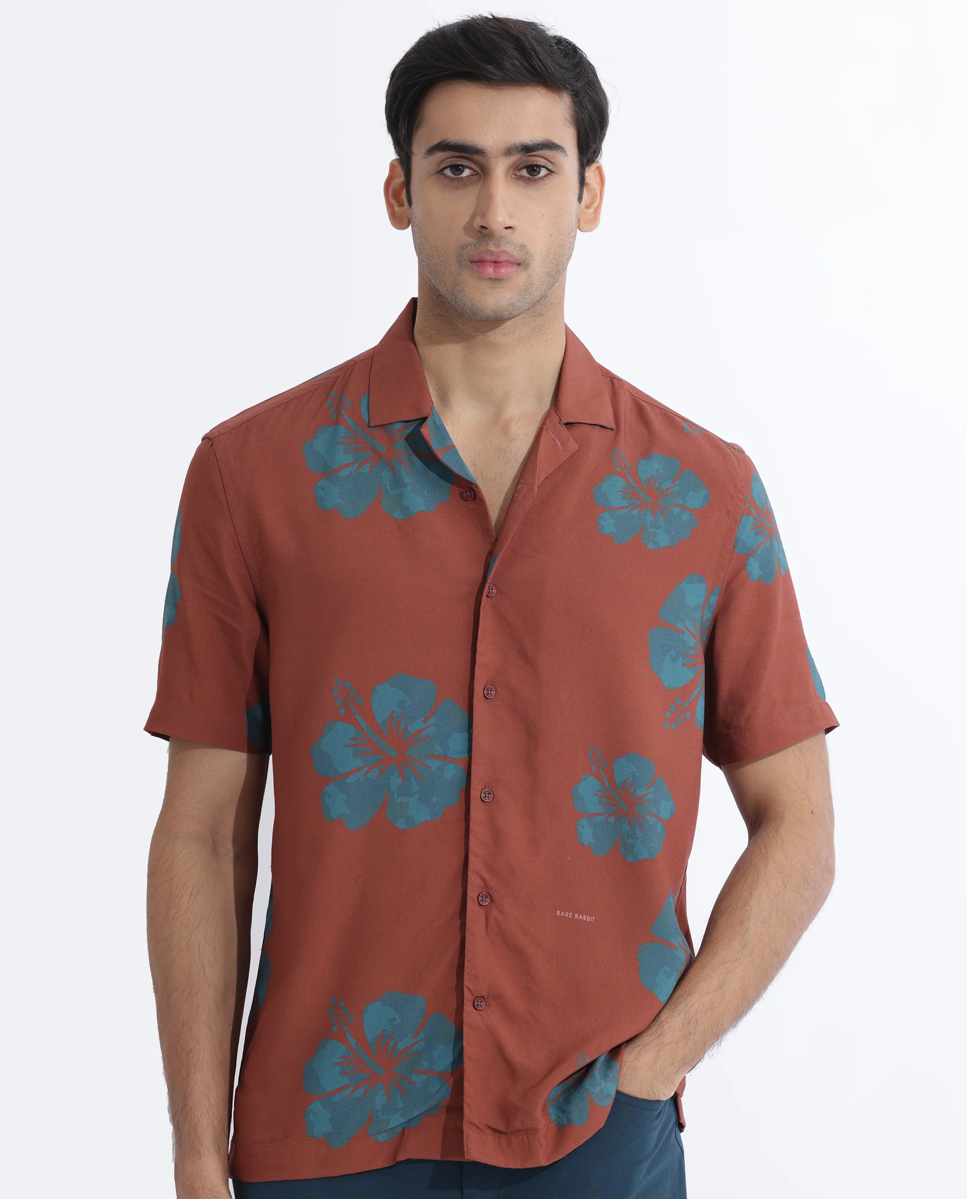 Rare Rabbit Men's Bronzac Brown Viscose Floral Print Regular Fit Half Sleeve Cuban Collar Shirt - Image 3