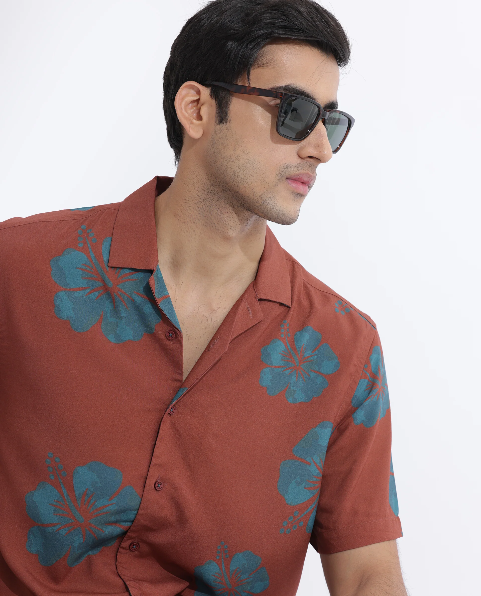 Rare Rabbit Men's Bronzac Brown Viscose Floral Print Regular Fit Half Sleeve Cuban Collar Shirt - Image 4