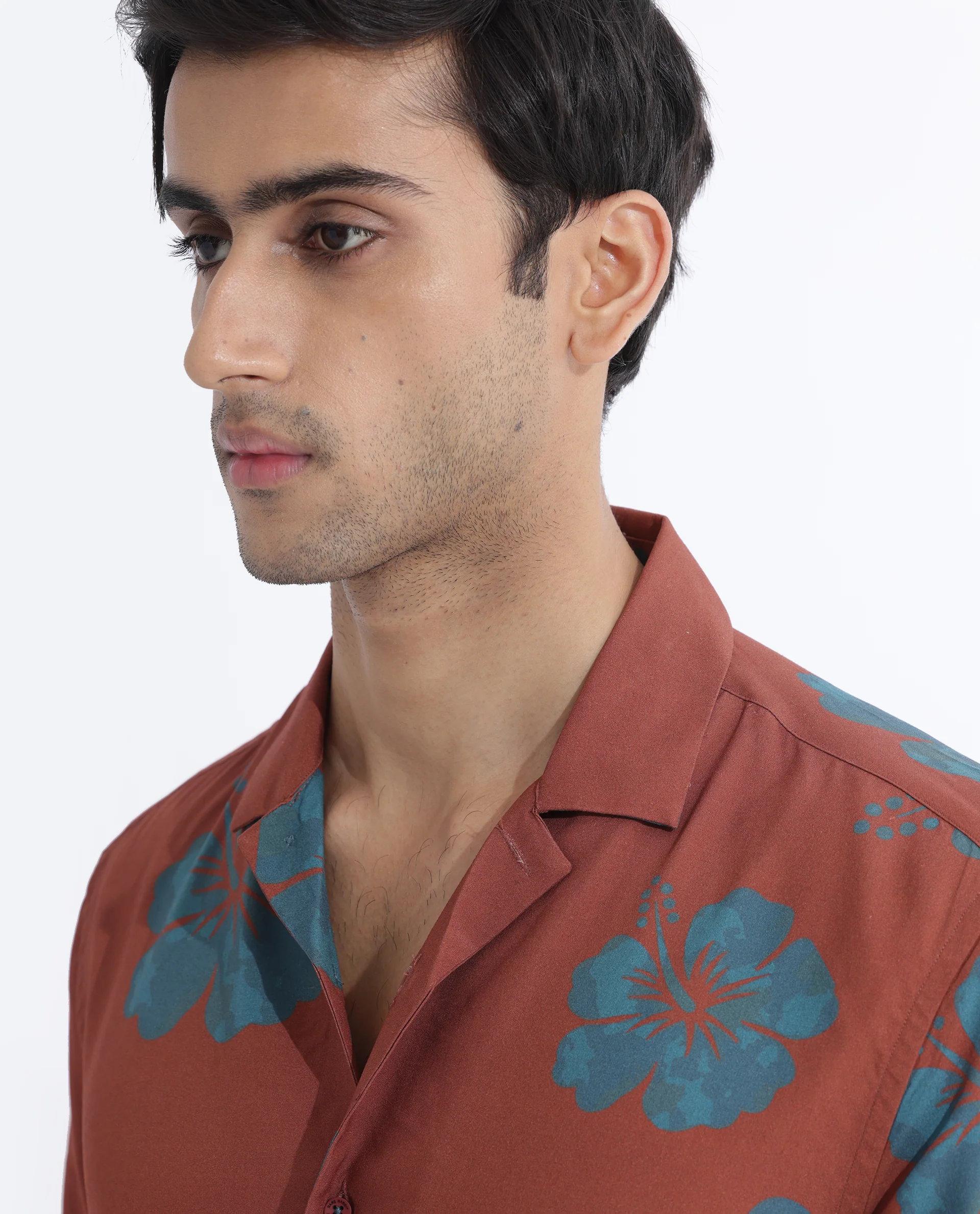 Rare Rabbit Men's Bronzac Brown Viscose Floral Print Regular Fit Half Sleeve Cuban Collar Shirt - Image 5