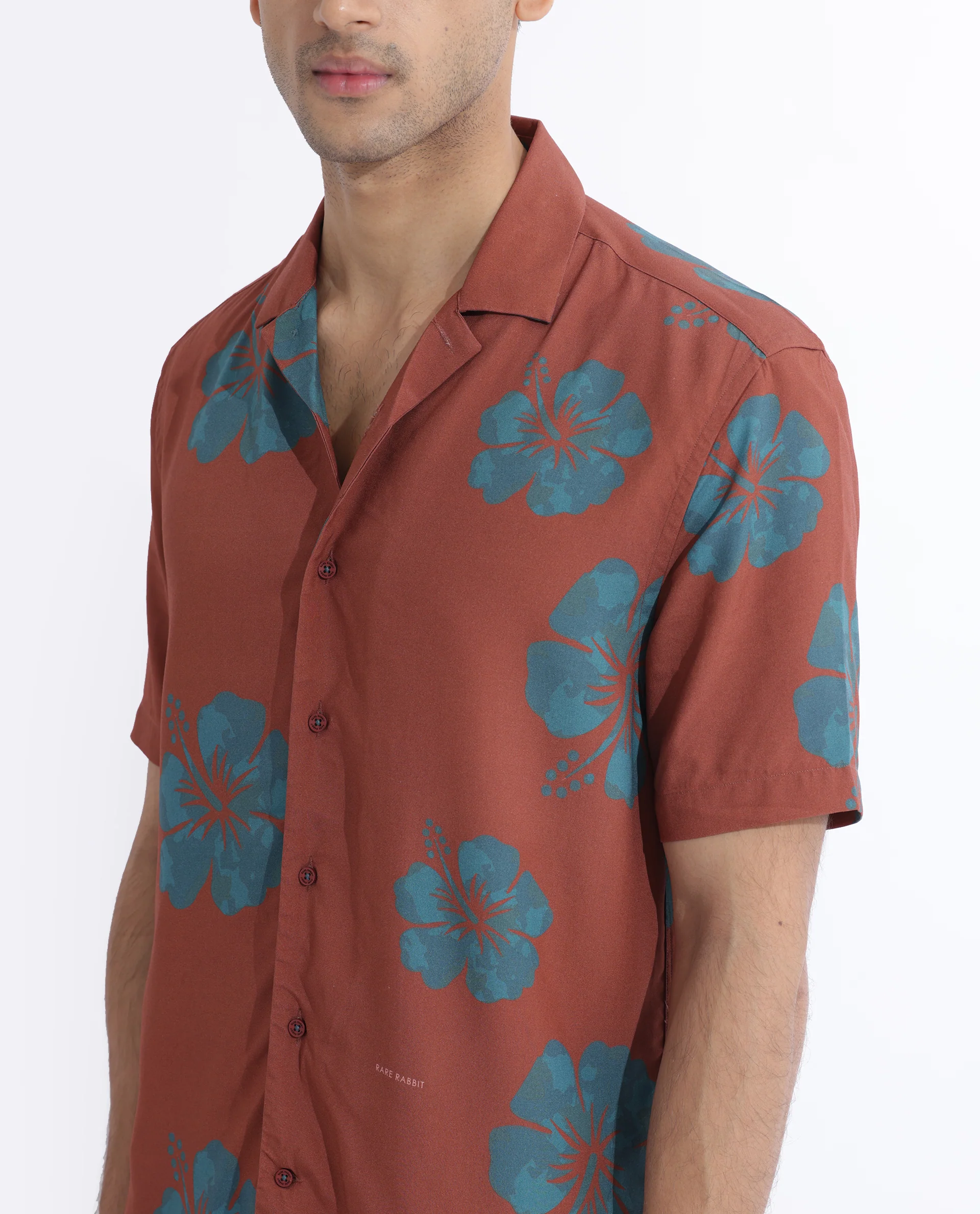 Rare Rabbit Men's Bronzac Brown Viscose Floral Print Regular Fit Half Sleeve Cuban Collar Shirt - Image 6