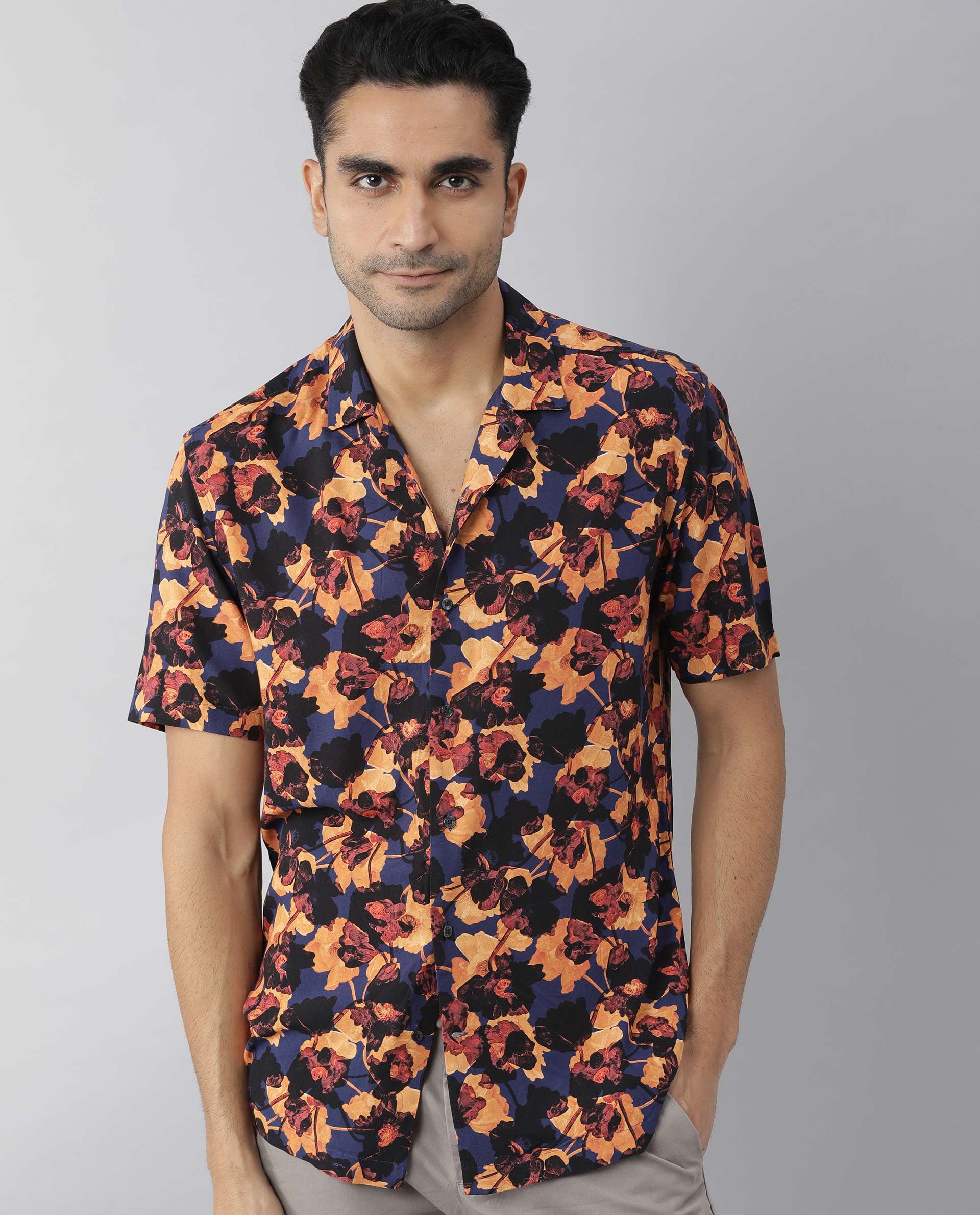 Rare Rabbit Men's Brooke Navy Cotton Floral Print Regular Fit Half Sleeve Spread Collar Shirt - Image 2