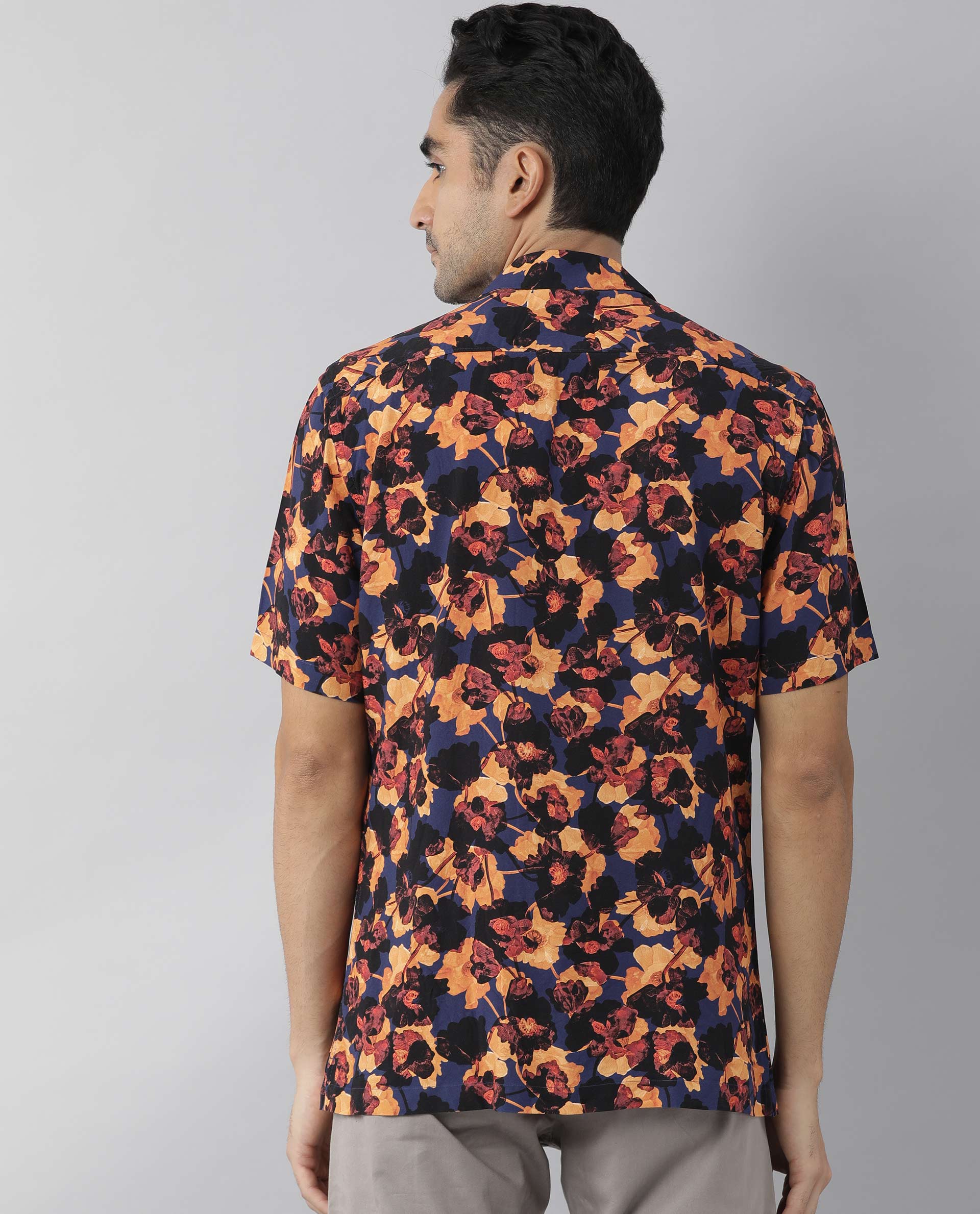 Rare Rabbit Men's Brooke Navy Cotton Floral Print Regular Fit Half Sleeve Spread Collar Shirt - Image 3