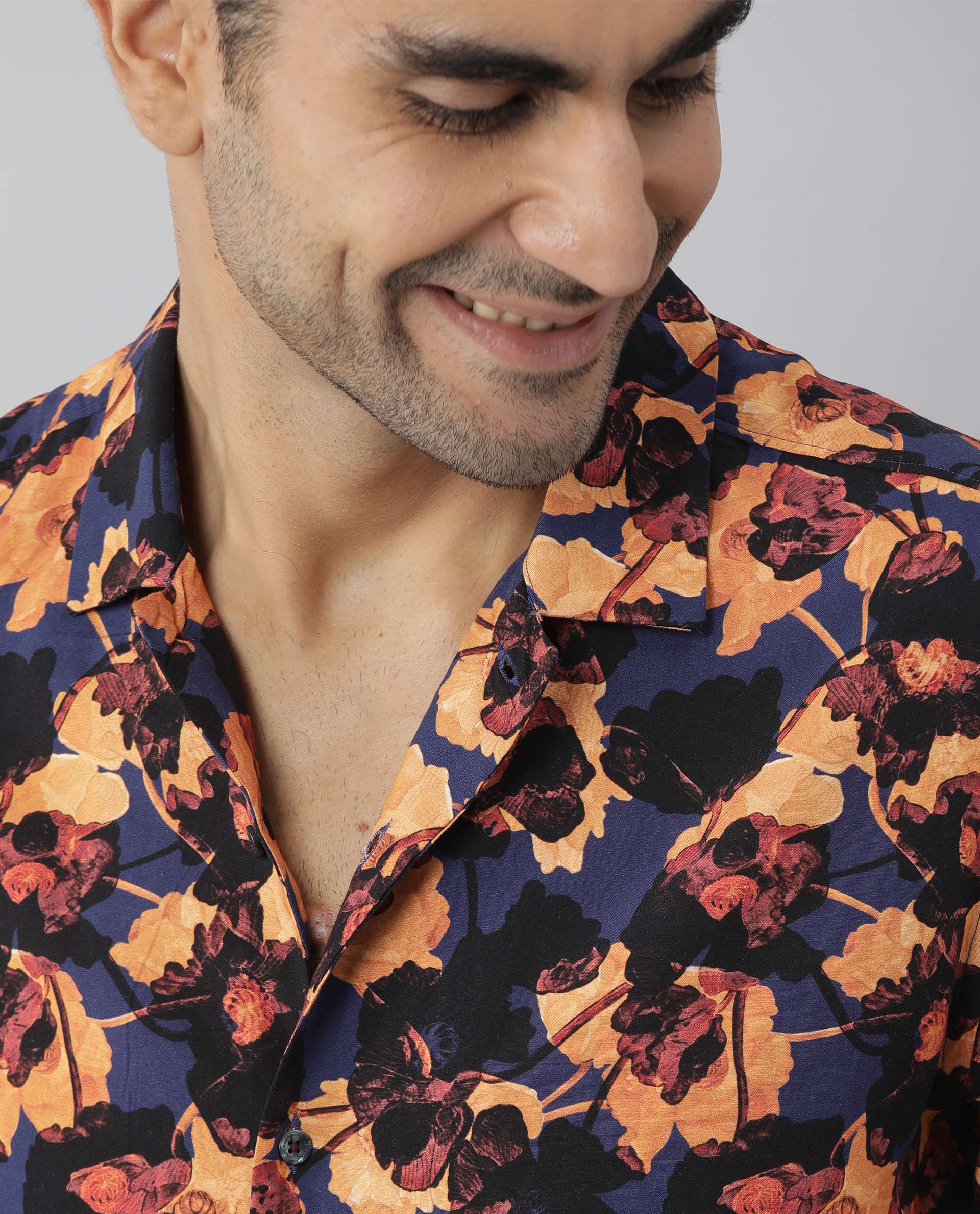 Rare Rabbit Men's Brooke Navy Cotton Floral Print Regular Fit Half Sleeve Spread Collar Shirt - Image 4