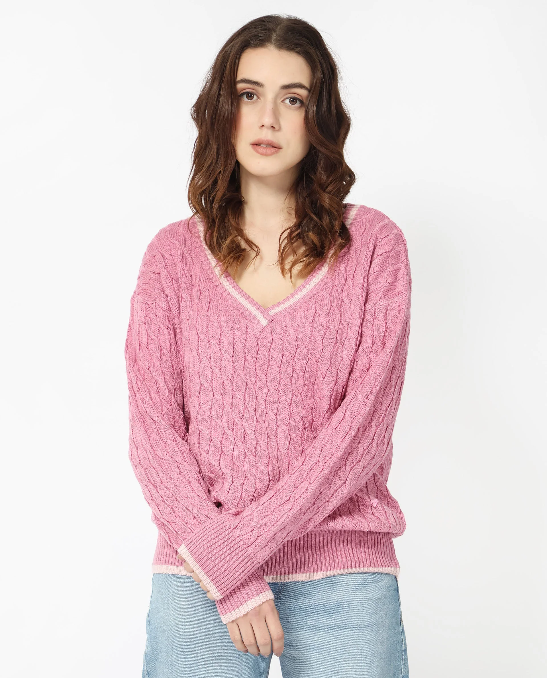 Rareism Women's Broun Dusky Pink Acrylic V-Neck Plain Relaxed Fit Sweater
