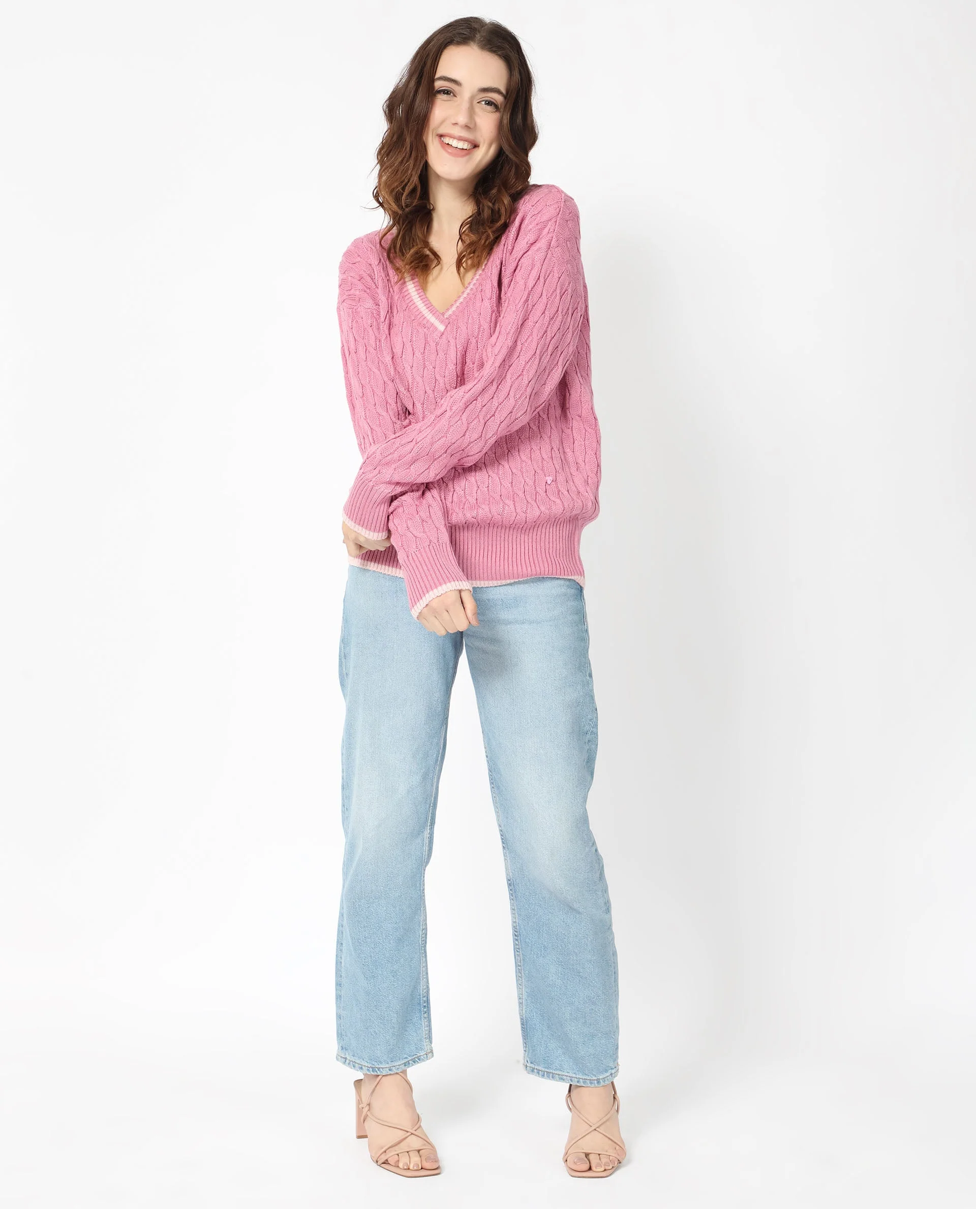 Rareism Women's Broun Dusky Pink Acrylic V-Neck Plain Relaxed Fit Sweater - Image 2