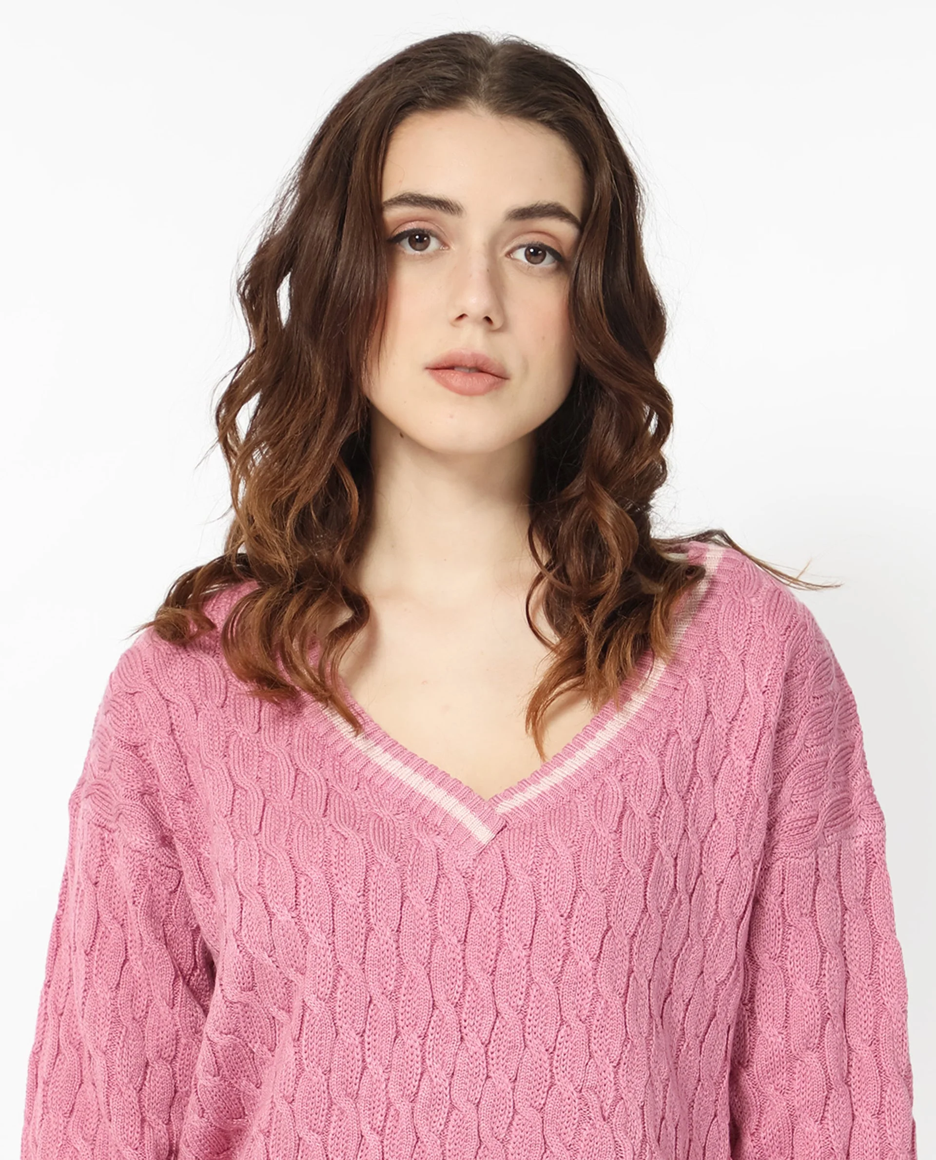 Rareism Women's Broun Dusky Pink Acrylic V-Neck Plain Relaxed Fit Sweater - Image 4