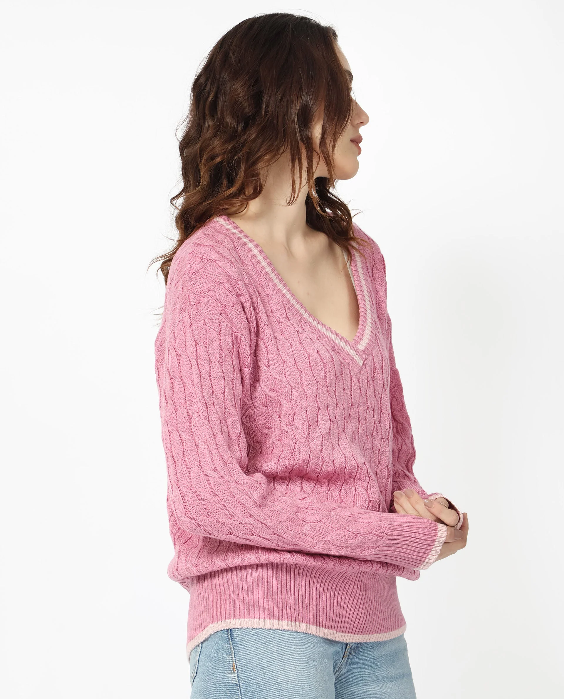 Rareism Women's Broun Dusky Pink Acrylic V-Neck Plain Relaxed Fit Sweater - Image 8