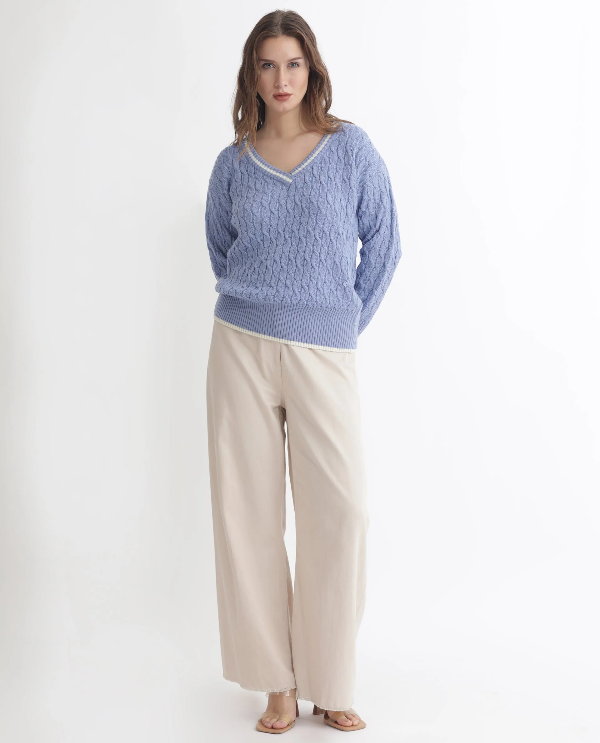 Rareism Women's Broun Light Blue Acrylic V-Neck Plain Relaxed Fit Sweater - Image 10