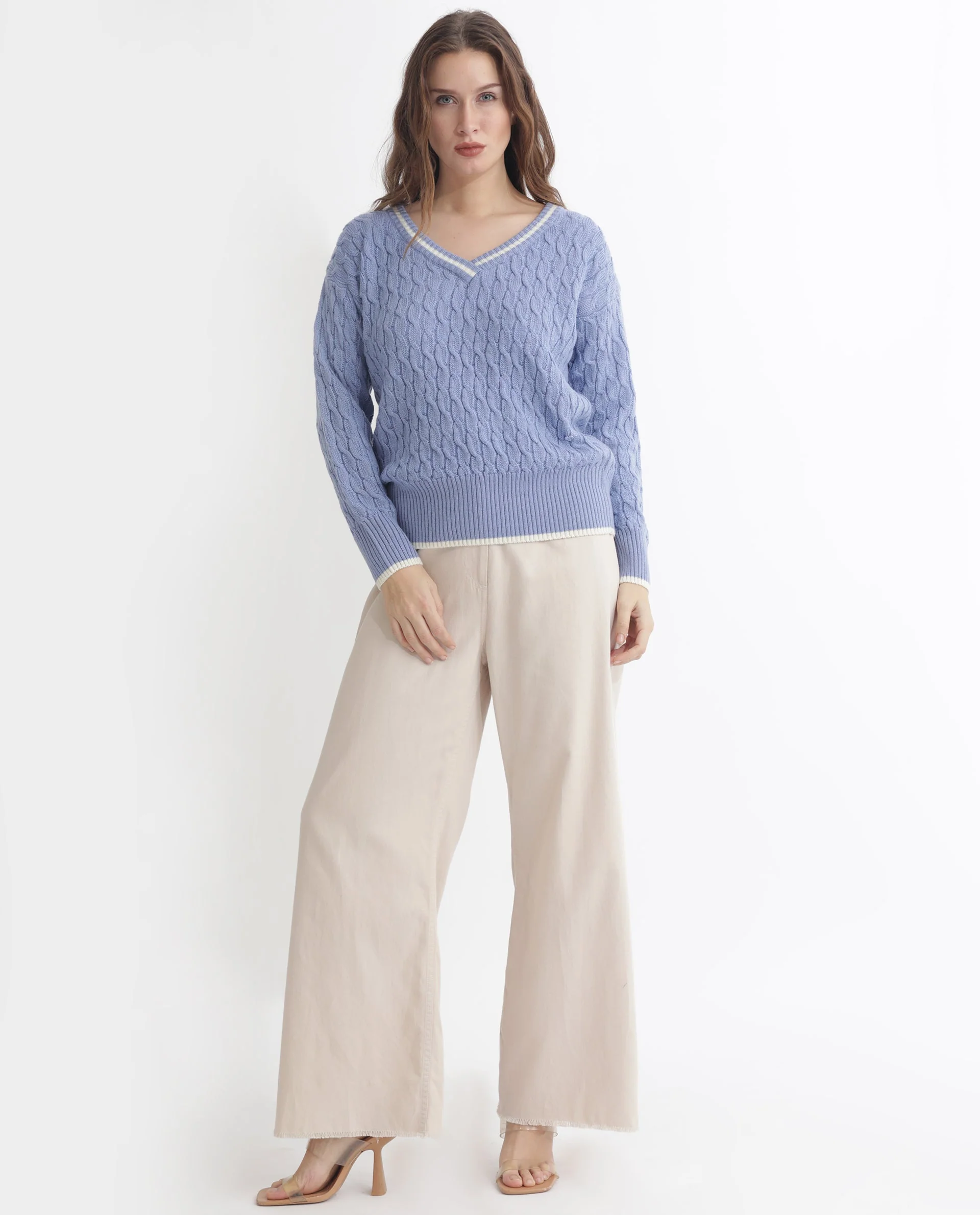Rareism Women's Broun Light Blue Acrylic V-Neck Plain Relaxed Fit Sweater - Image 11