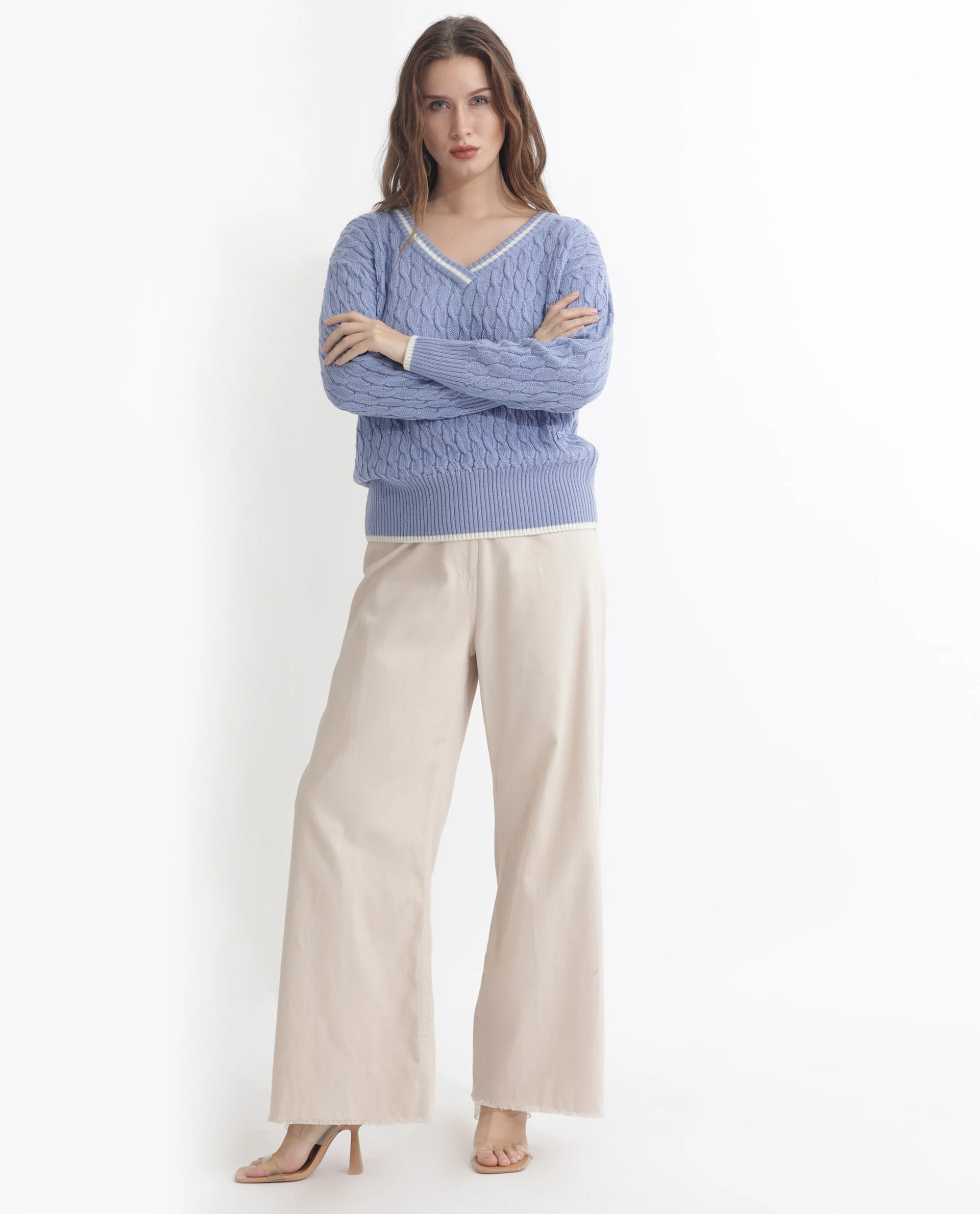 Rareism Women's Broun Light Blue Acrylic V-Neck Plain Relaxed Fit Sweater - Image 12