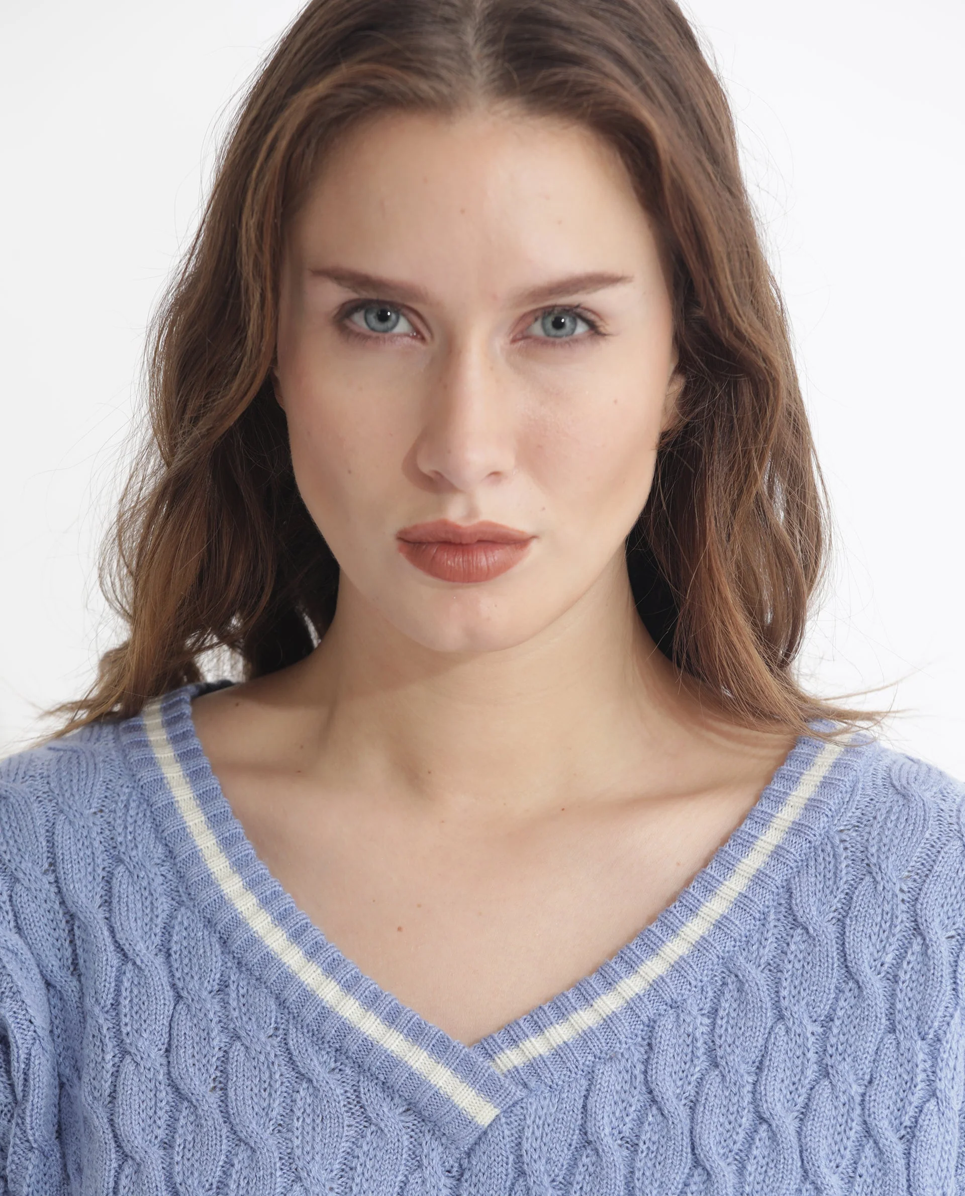 Rareism Women's Broun Light Blue Acrylic V-Neck Plain Relaxed Fit Sweater - Image 13