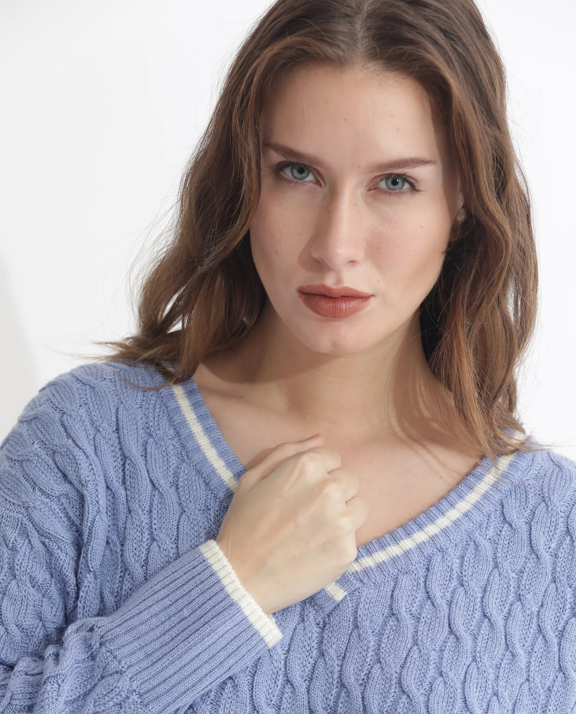 Rareism Women's Broun Light Blue Acrylic V-Neck Plain Relaxed Fit Sweater - Image 14