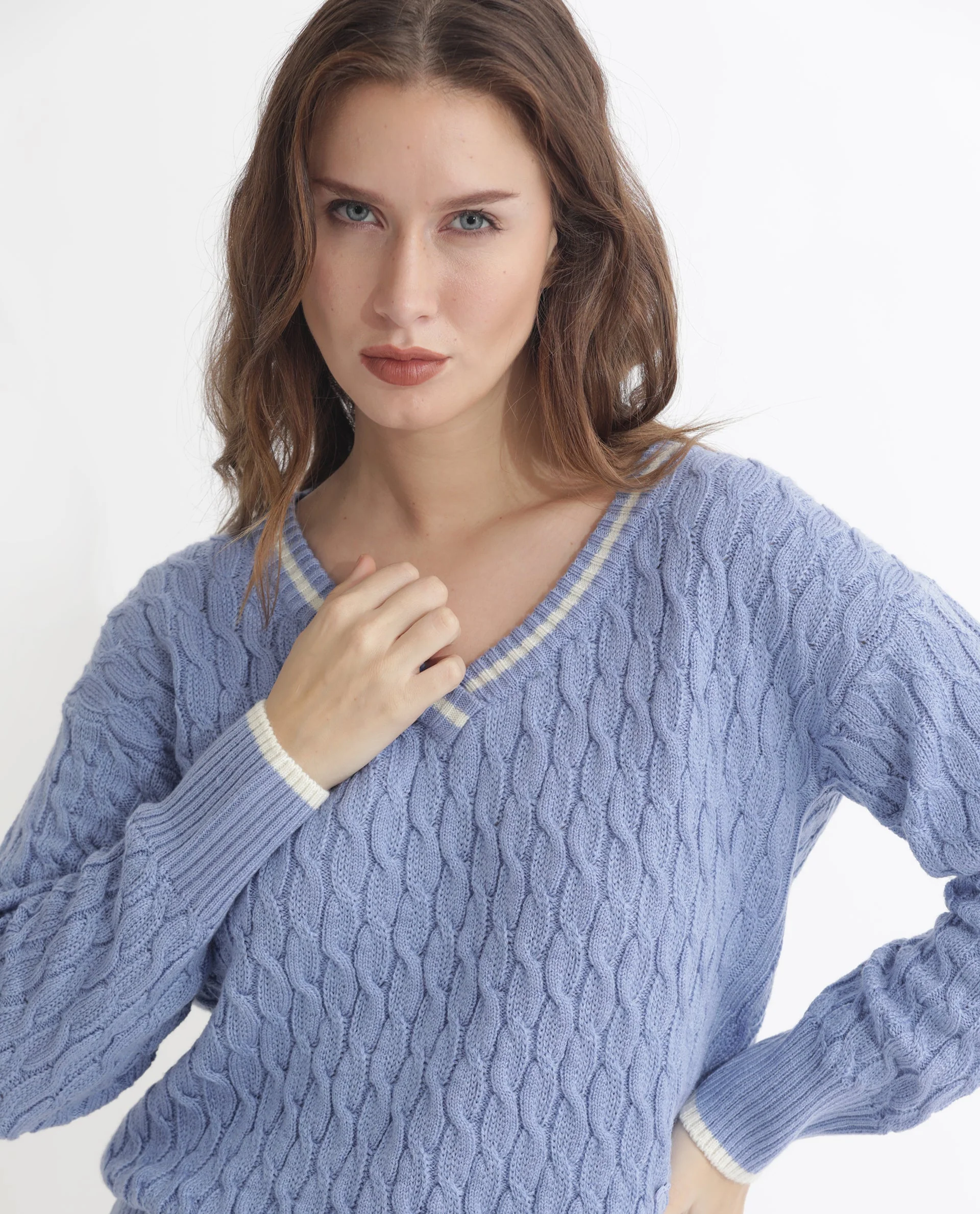 Rareism Women's Broun Light Blue Acrylic V-Neck Plain Relaxed Fit Sweater - Image 2