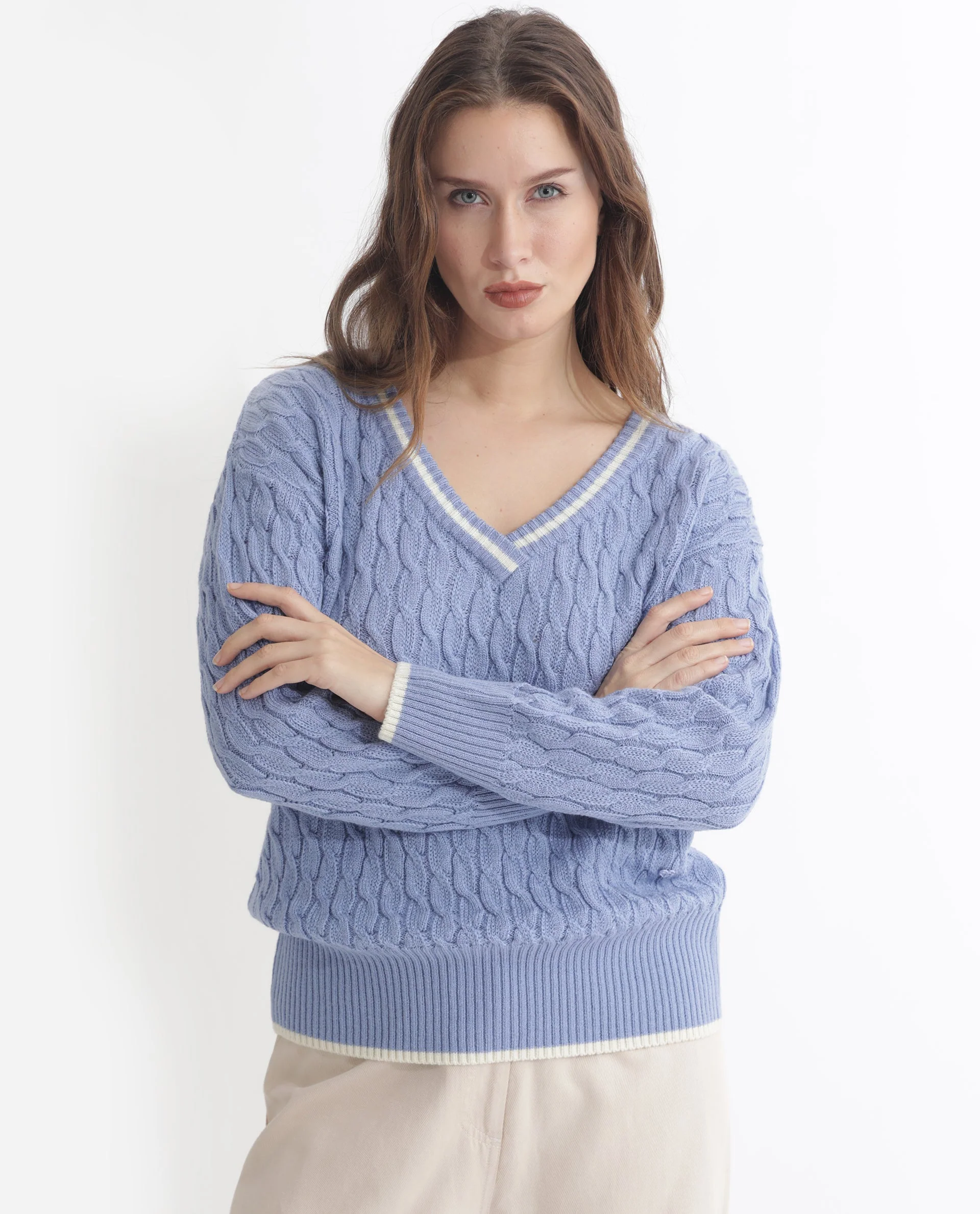 Rareism Women's Broun Light Blue Acrylic V-Neck Plain Relaxed Fit Sweater - Image 4