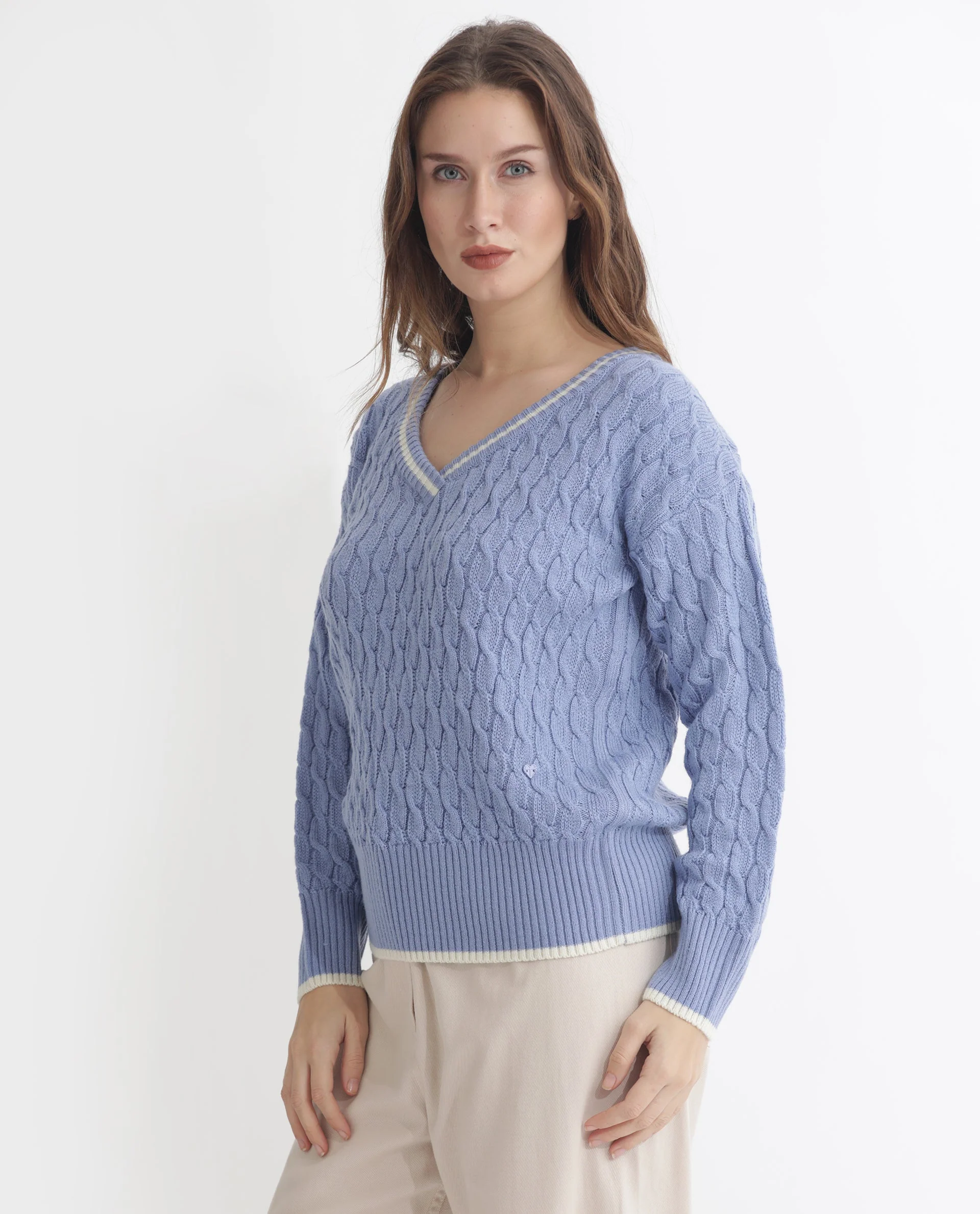 Rareism Women's Broun Light Blue Acrylic V-Neck Plain Relaxed Fit Sweater - Image 5