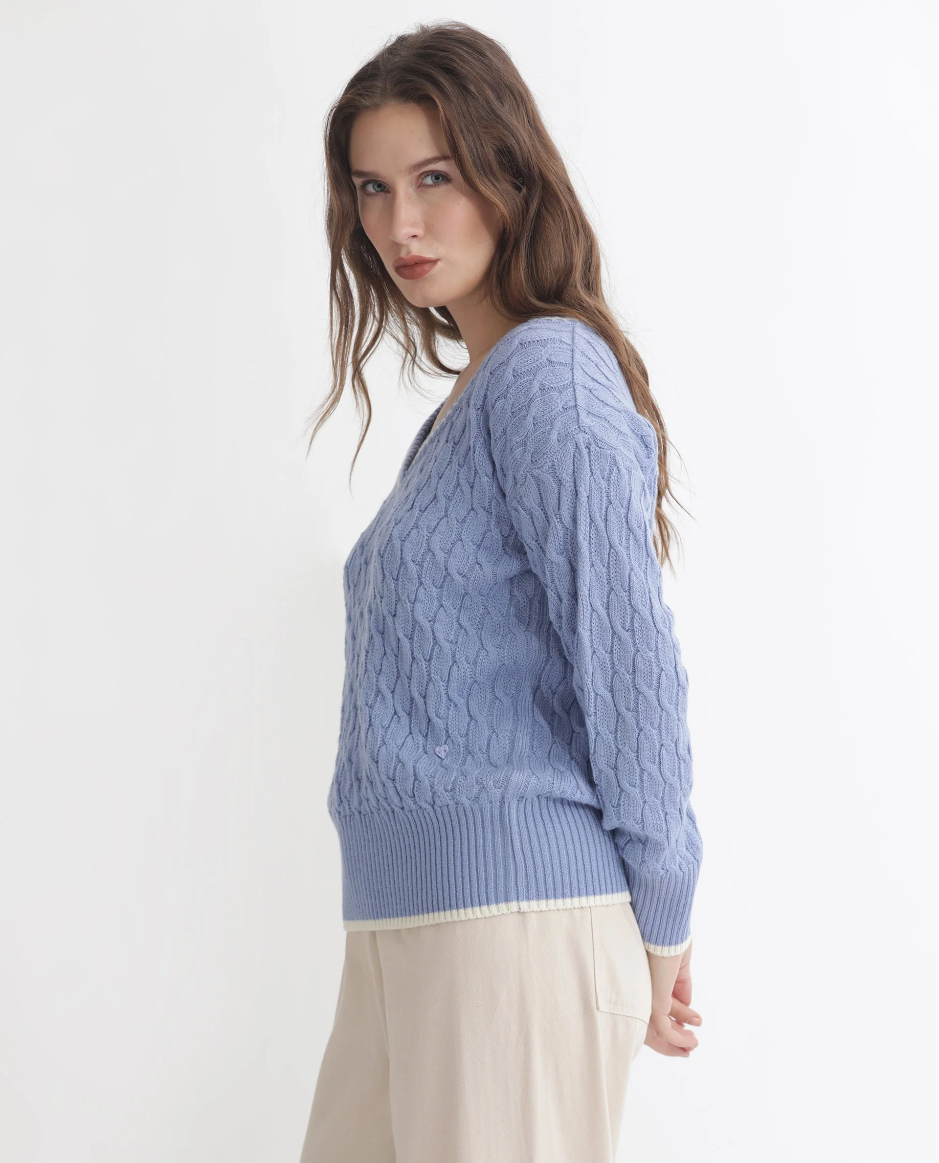 Rareism Women's Broun Light Blue Acrylic V-Neck Plain Relaxed Fit Sweater - Image 6