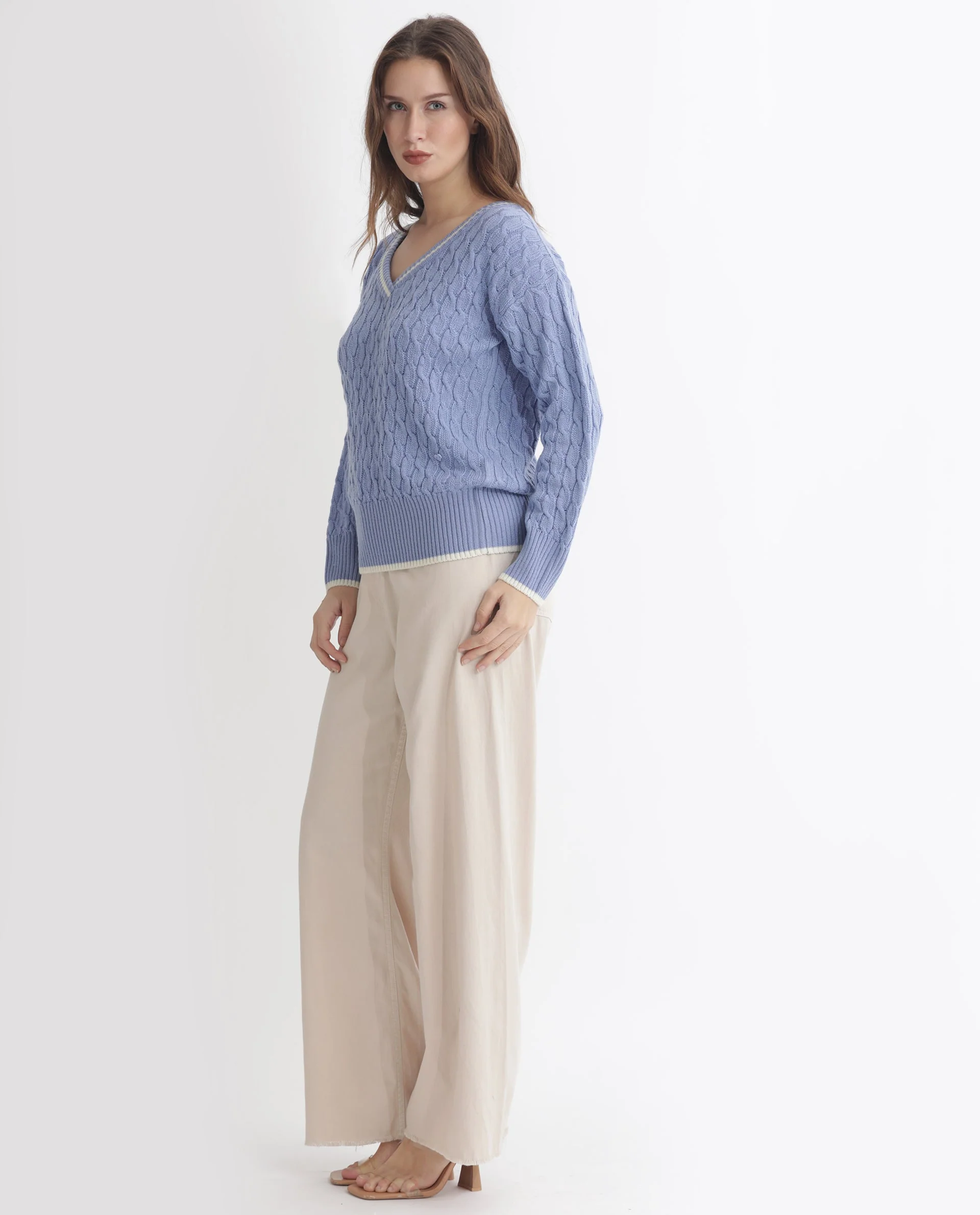 Rareism Women's Broun Light Blue Acrylic V-Neck Plain Relaxed Fit Sweater - Image 7