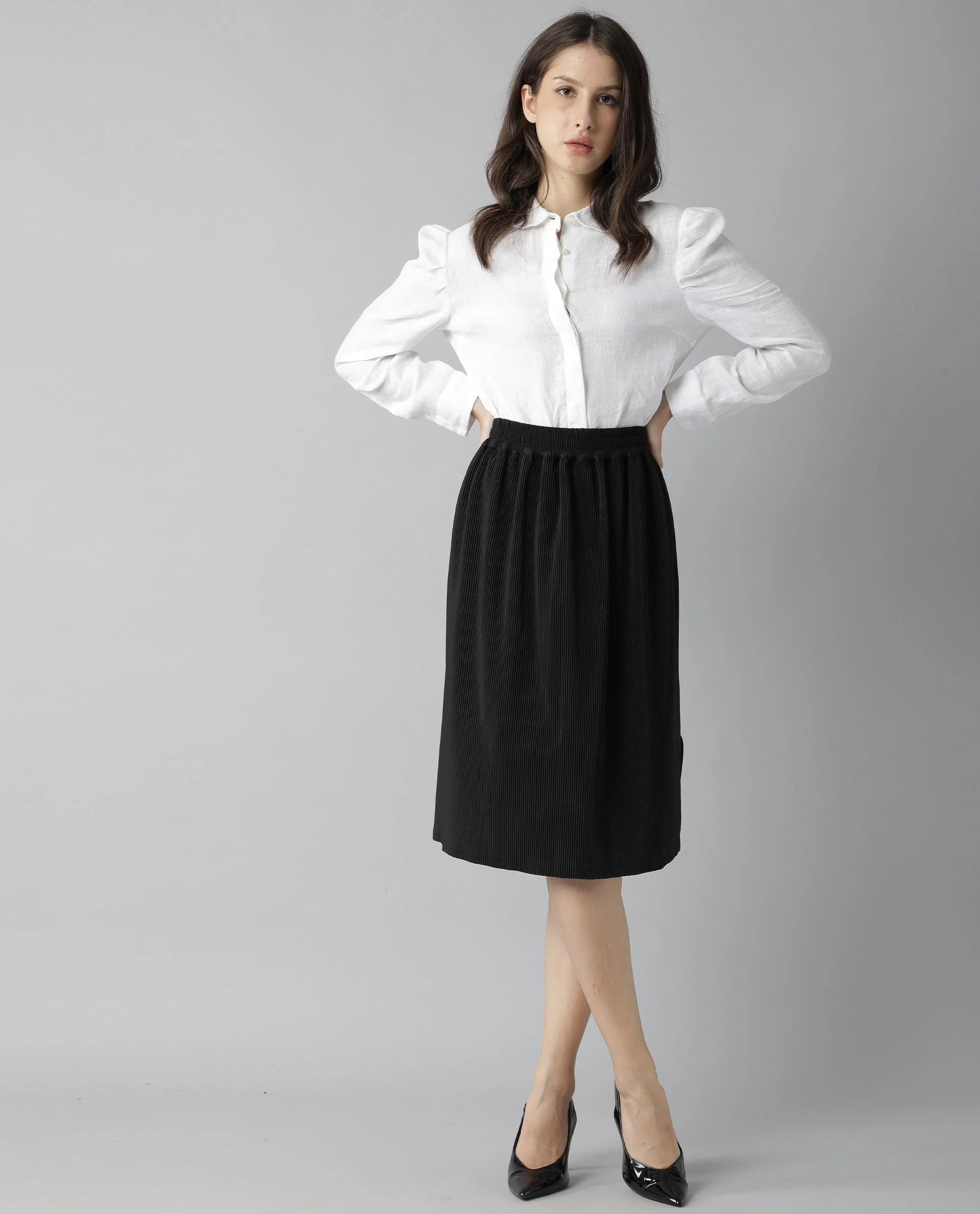 Rareism Womens Browse Black Skirt Pleated Mid Length Back Slit - Image 2