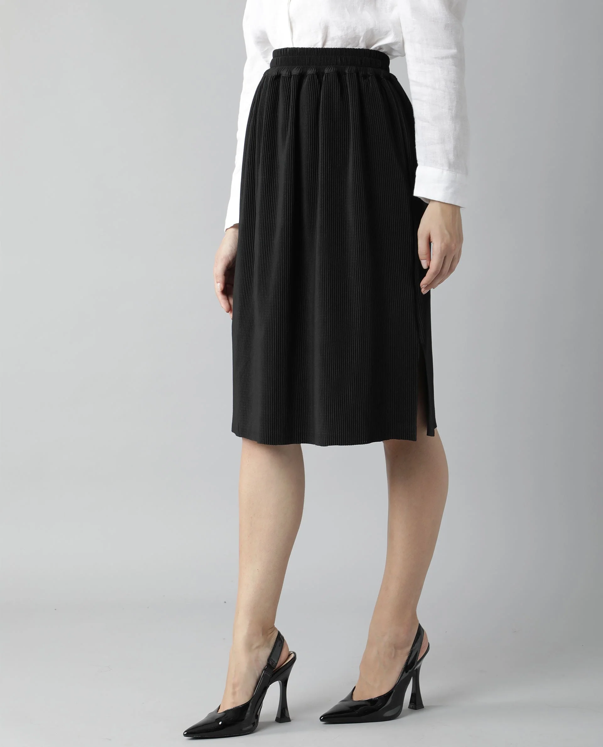 Rareism Womens Browse Black Skirt Pleated Mid Length Back Slit - Image 4