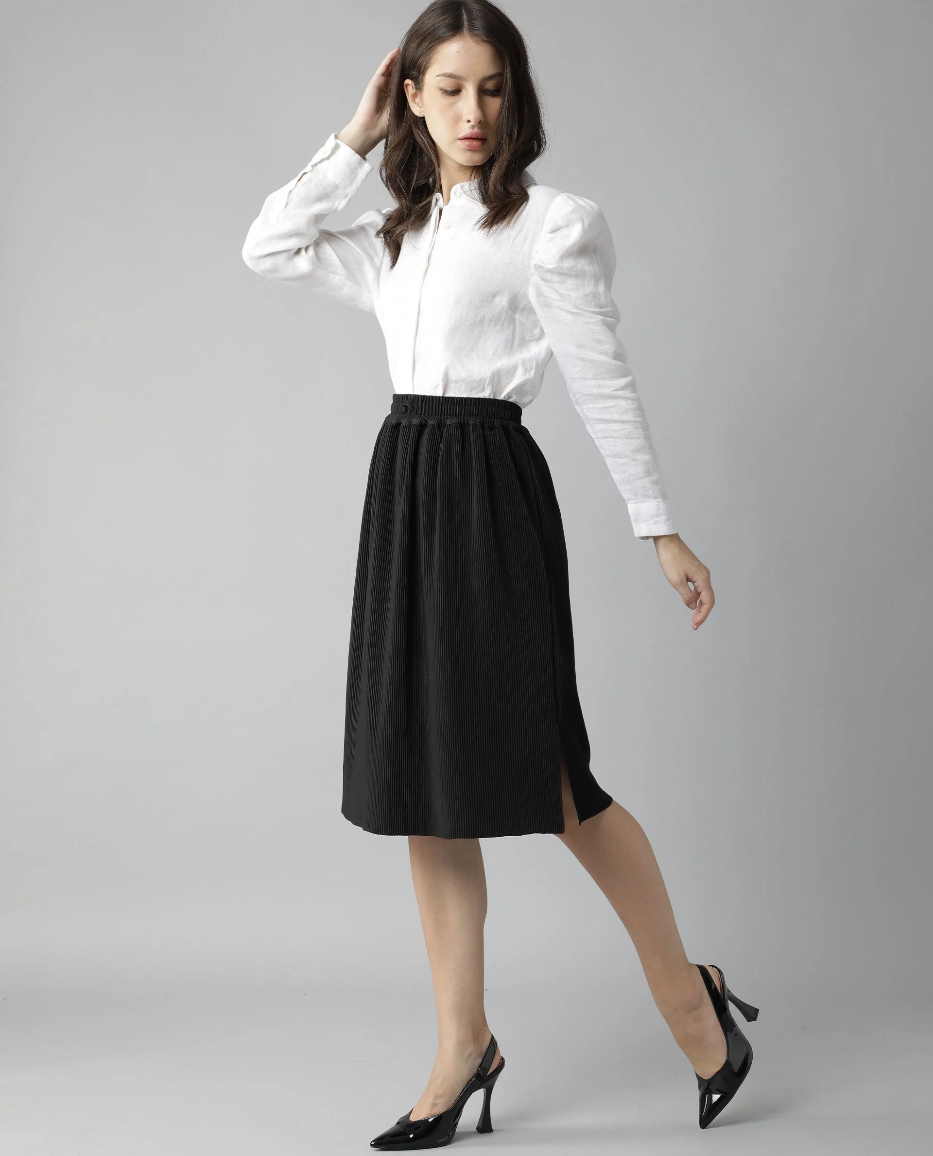 Rareism Womens Browse Black Skirt Pleated Mid Length Back Slit - Image 6