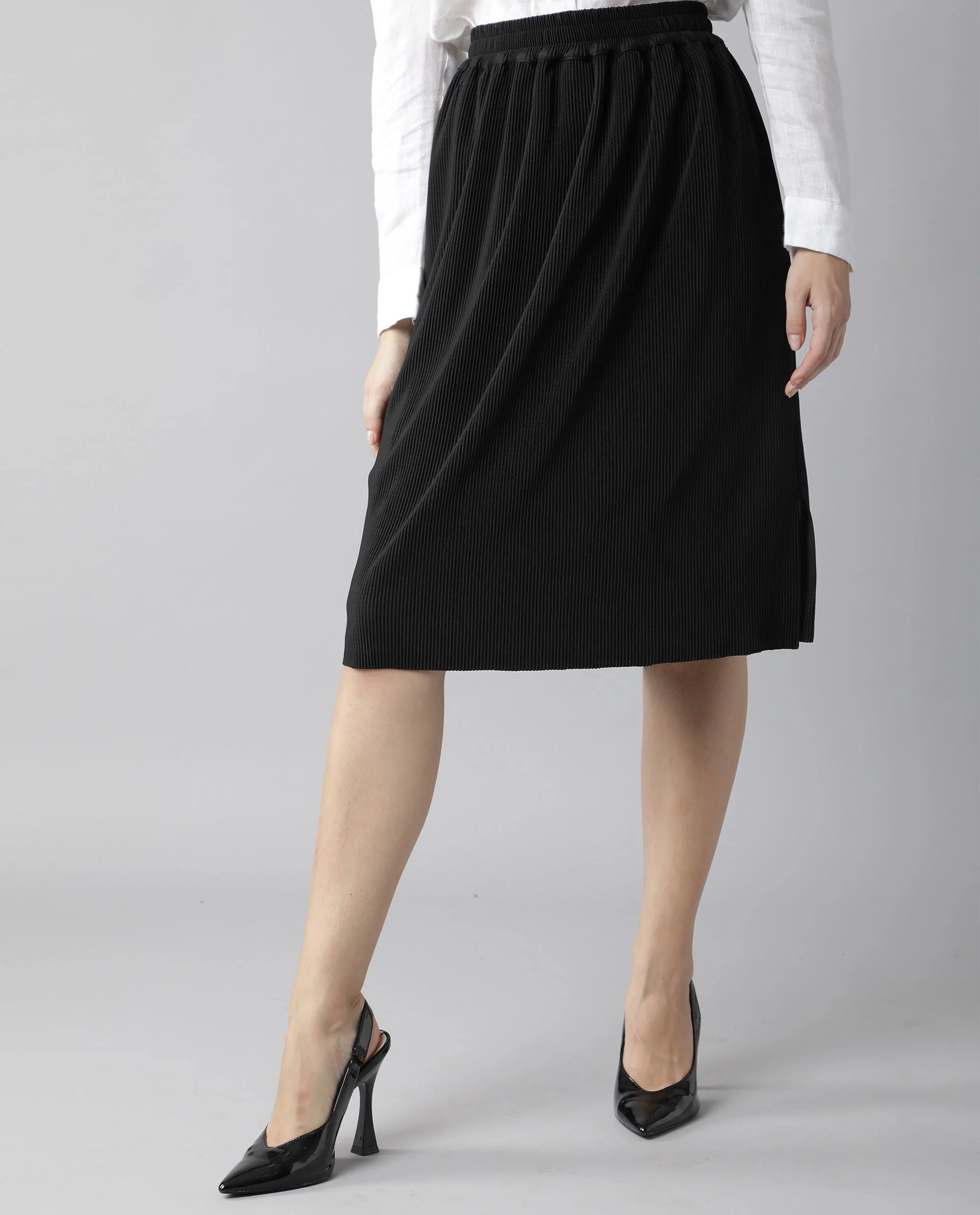 Rareism Womens Browse Black Skirt Pleated Mid Length Back Slit - Image 9