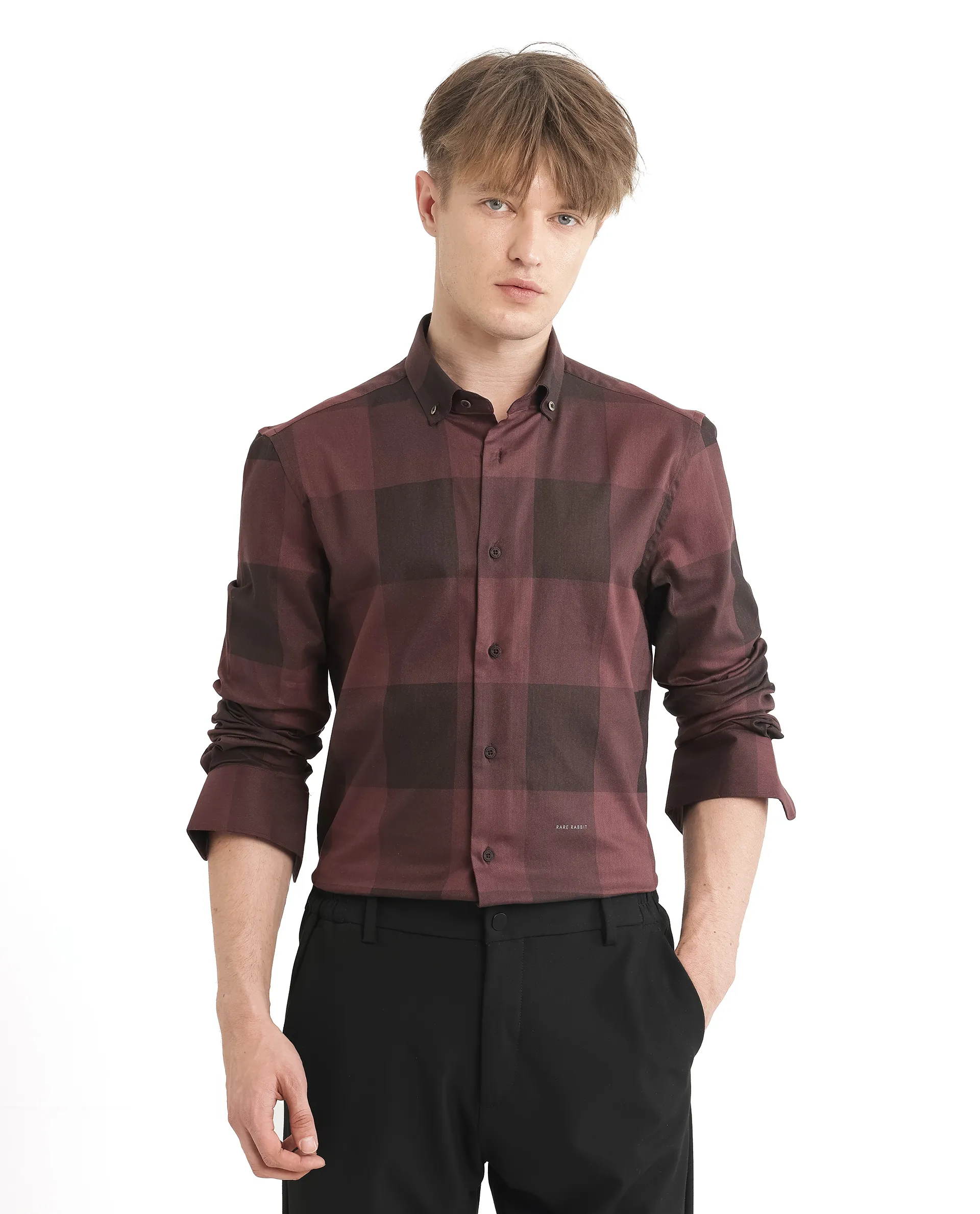 Rare Rabbit Men's Bruce Maroon Cotton Blend Checked Print Regular Fit Full Sleeve Collared Shirt - Image 2