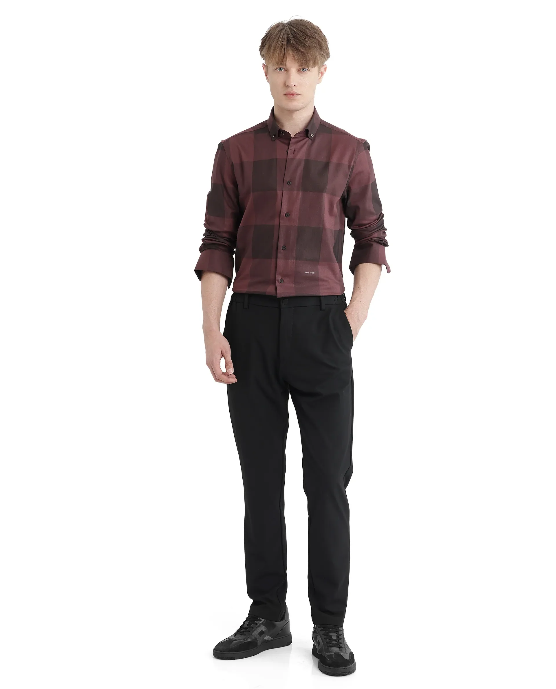 Rare Rabbit Men's Bruce Maroon Cotton Blend Checked Print Regular Fit Full Sleeve Collared Shirt - Image 3