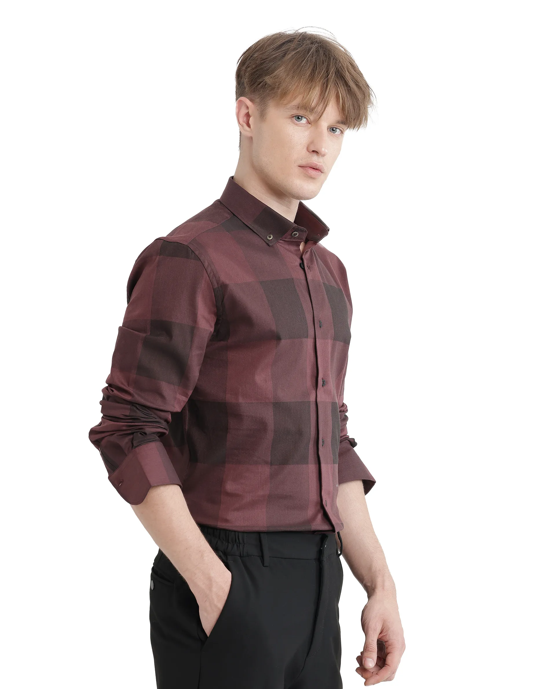 Rare Rabbit Men's Bruce Maroon Cotton Blend Checked Print Regular Fit Full Sleeve Collared Shirt - Image 8