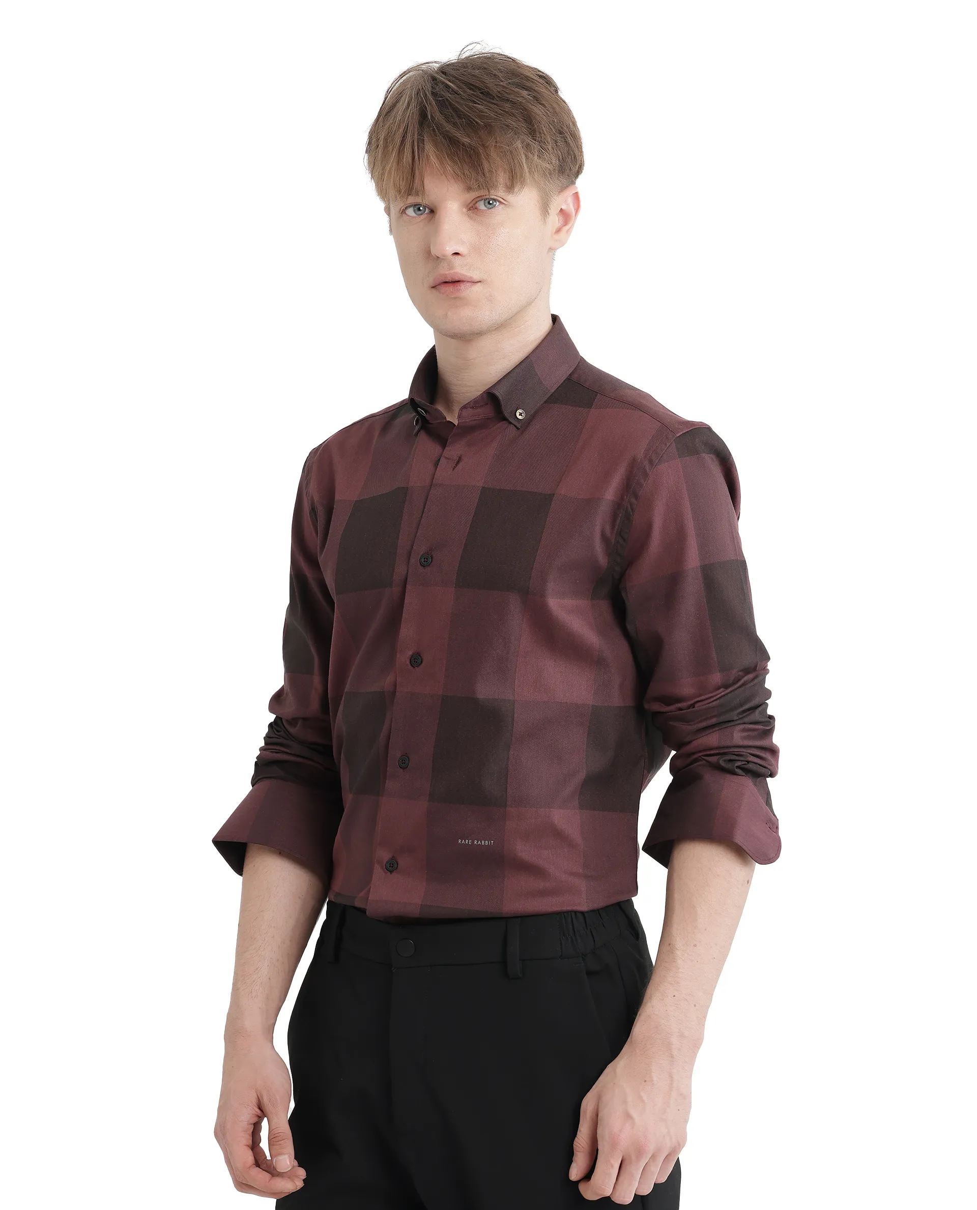 Rare Rabbit Men's Bruce Maroon Cotton Blend Checked Print Regular Fit Full Sleeve Collared Shirt - Image 9